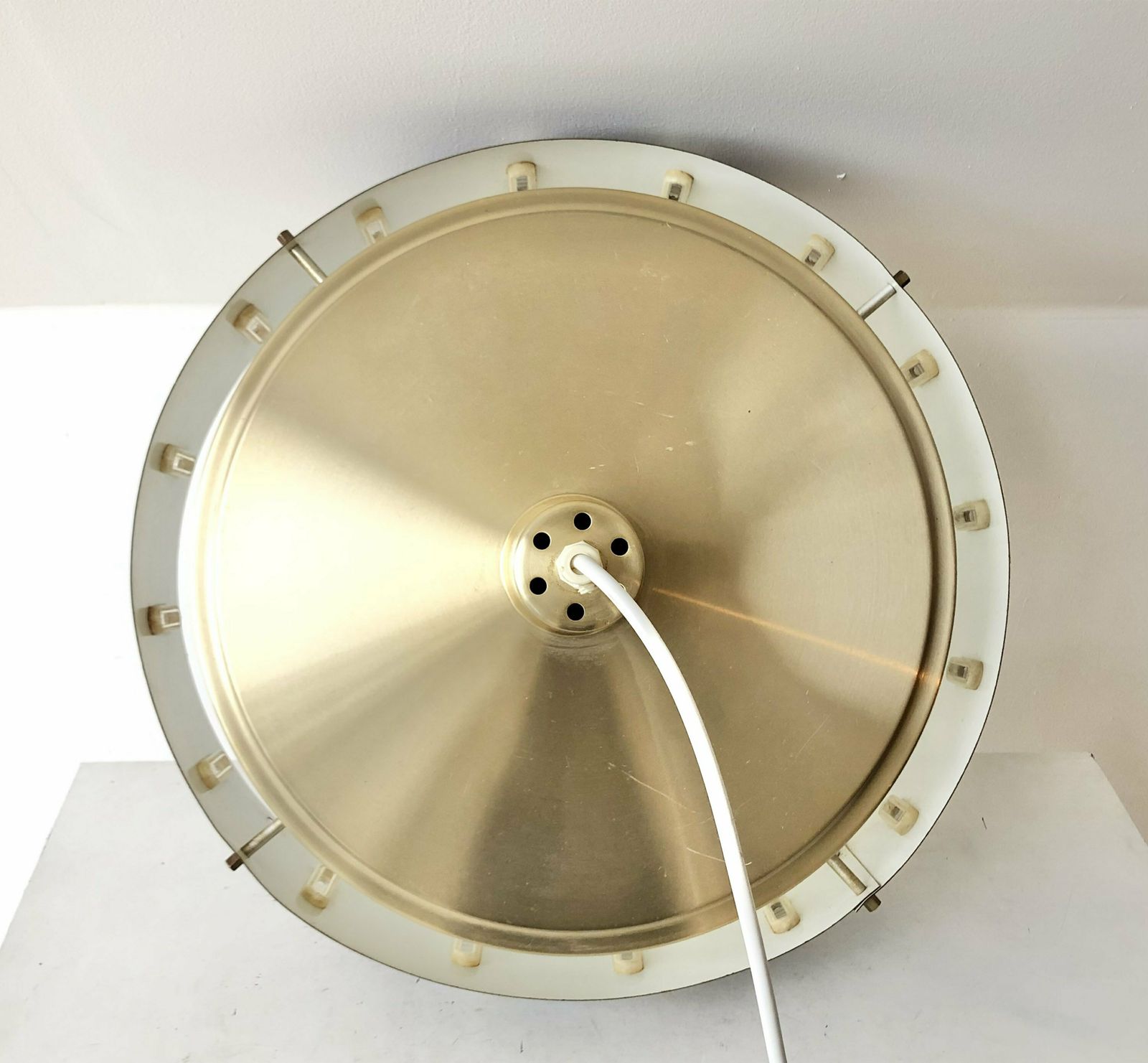 Danish Mid Century Modern Design Ceiling Lamp With Gold Painted Metal Shade And Cool Circular Painted Wood Patterned Shade photo vinterior