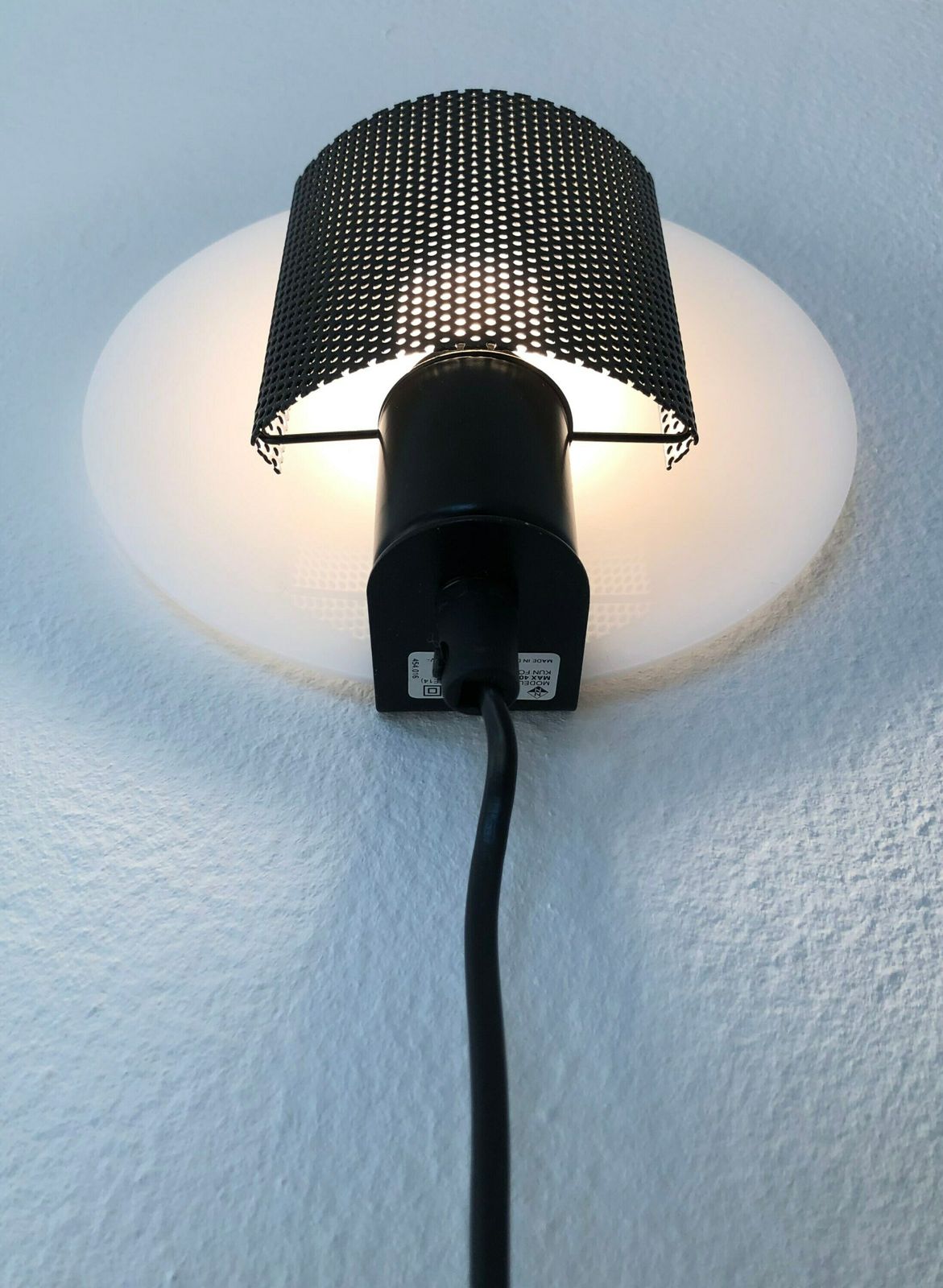 Danish Postmodern Minimalist Vintage “Centro” Cool Wall Lamp In White Acrylic With Black Perforated Metal Shade   Design By Nn, Denmark photo Lighting