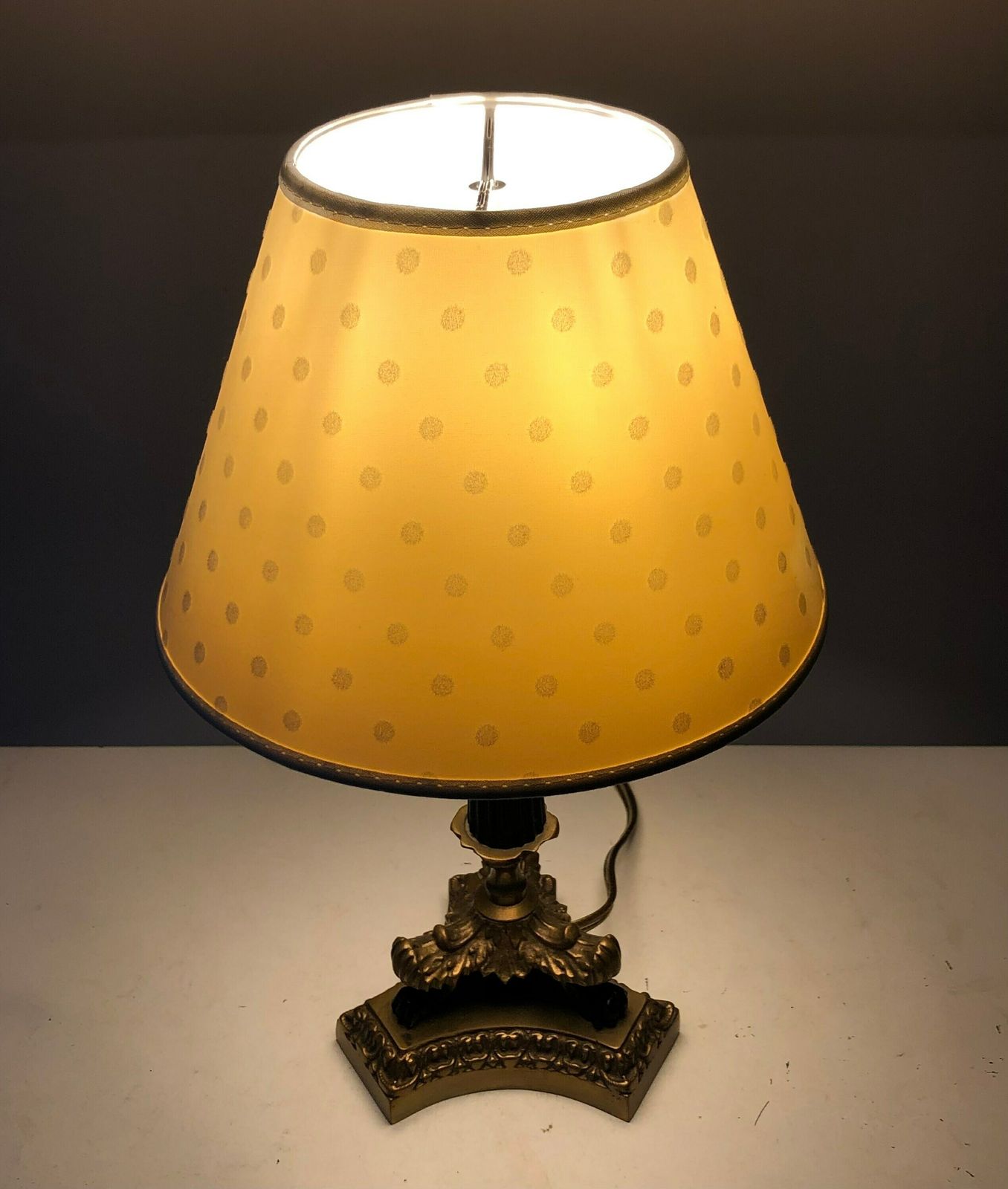 Empire Style Tripod Table Lamp In Brass And Black Painted Metal With Organic Shapes, Lion Feet And Off White Fabric Shade With Dots photo for sale