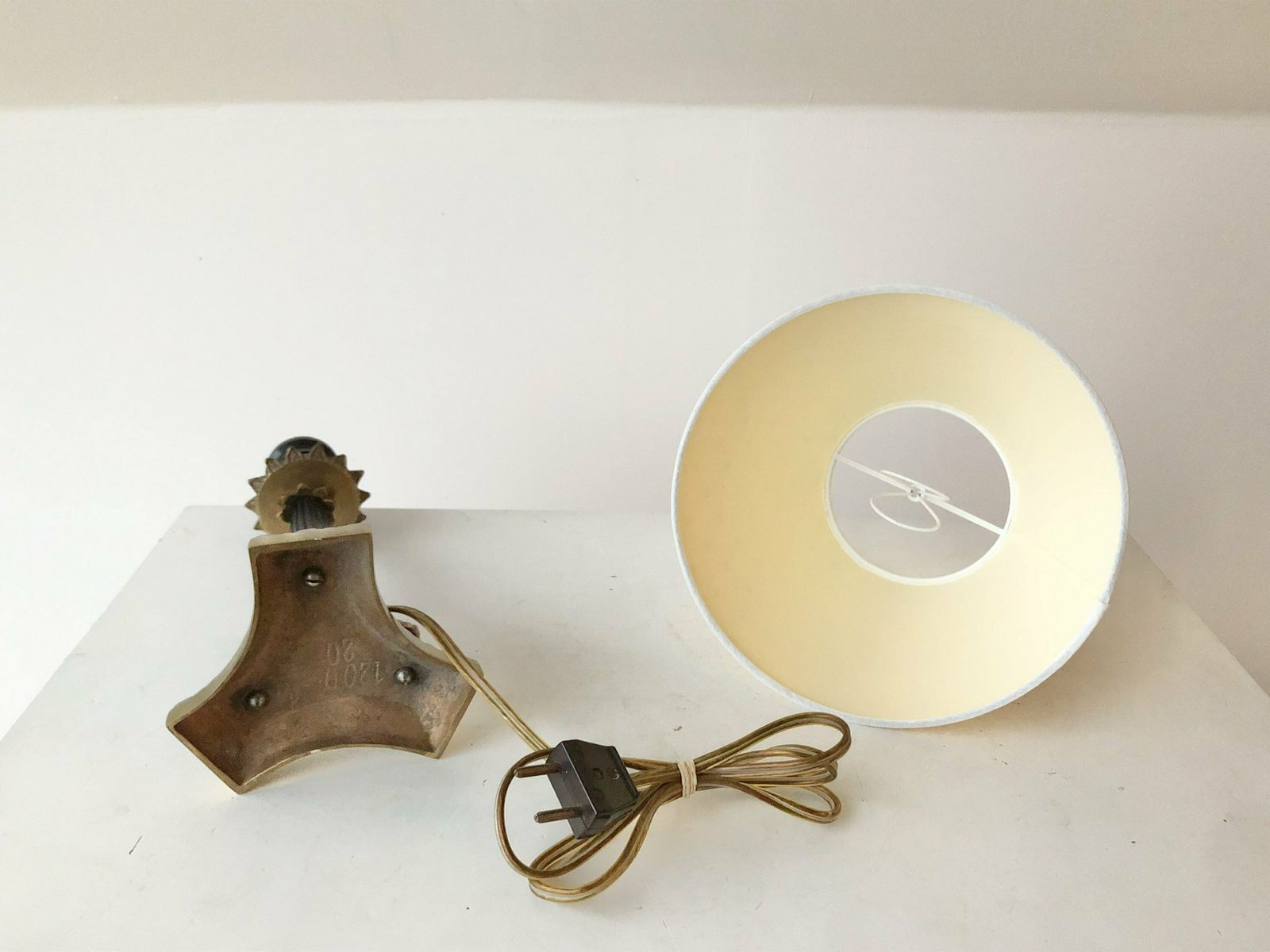 Empire Style Tripod Table Lamp In Brass And Black Painted Metal With Organic Shapes, Lion Feet And Off White Fabric Shade With Dots photo vinterior