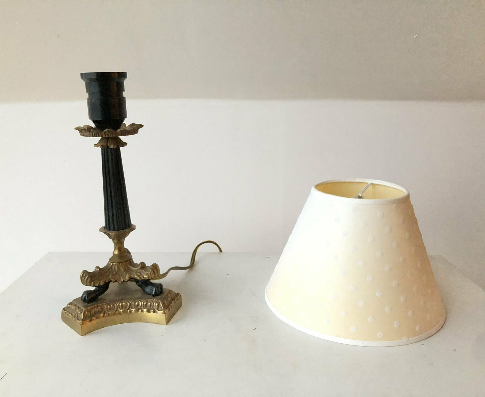 Empire Style Tripod Table Lamp In Brass And Black Painted Metal With Organic Shapes, Lion Feet And Off White Fabric Shade With Dots photo buy