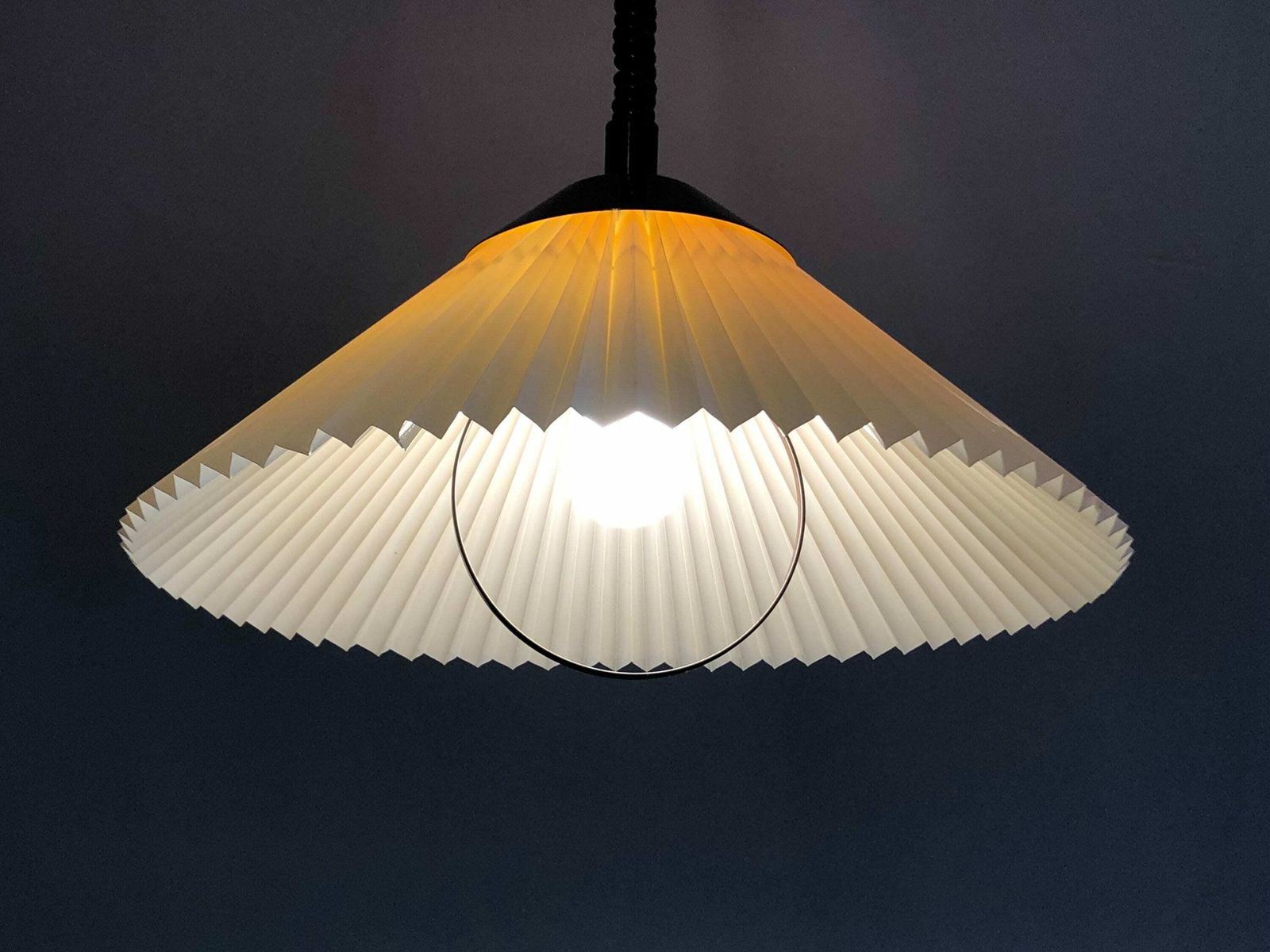 Danish Vintage Minimalist Ceiling Lamp With Beige Pleated Plastic Shade And Brown Metal Top And Hanger   Design By Lyskær Belysning photo for sale