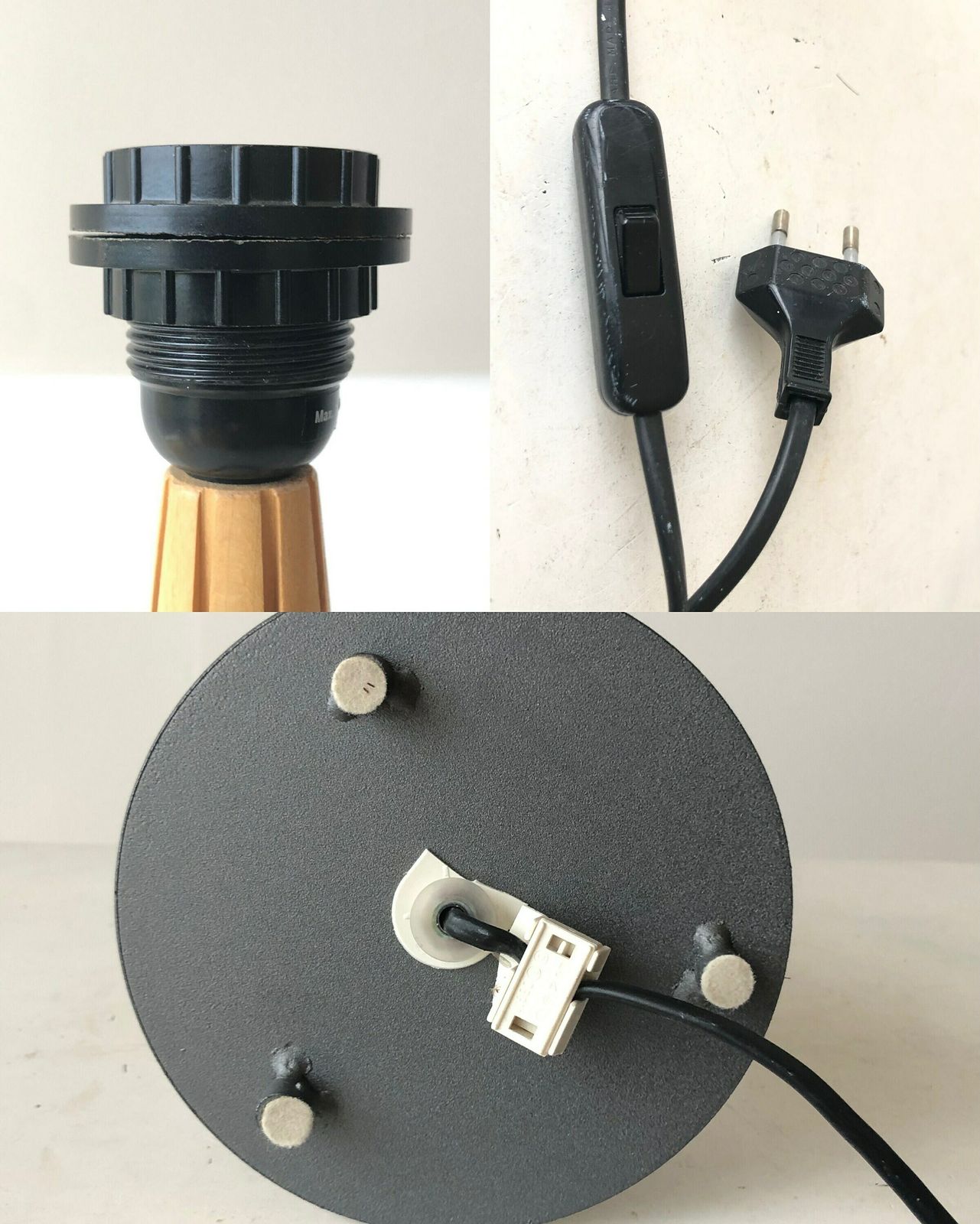 photo furniture Vintage Ikea Design Postmodern Table Lamp In Beech Wood With Grooves, Dark Grey Metal Base And Beige Pleated Fabric Shade