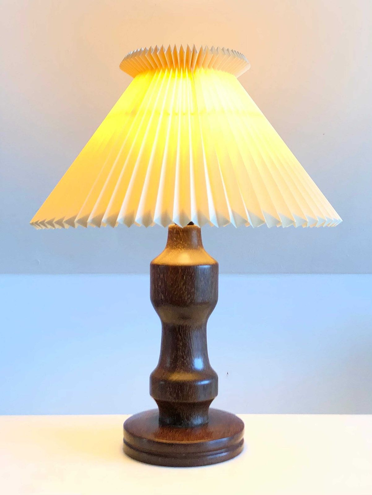 Exquisite Danish Wood Sculptural Modernist Mid Century Table Lamp With Organic Shapes And Original Vintage Beige Pleated Cle Klint Shade photo Lighting