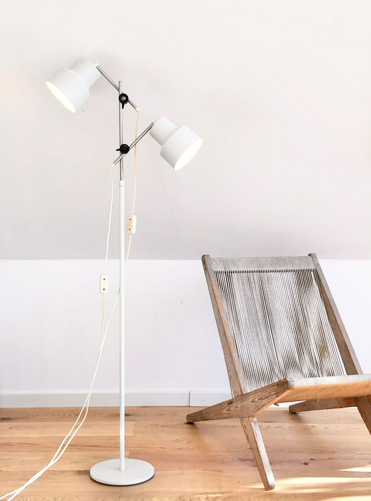 Danish Mid Century Minimalist Design Floor Lamp In White Painted Metal With Adjustable Twin Shades Snd Aluminium Details photo vinterior