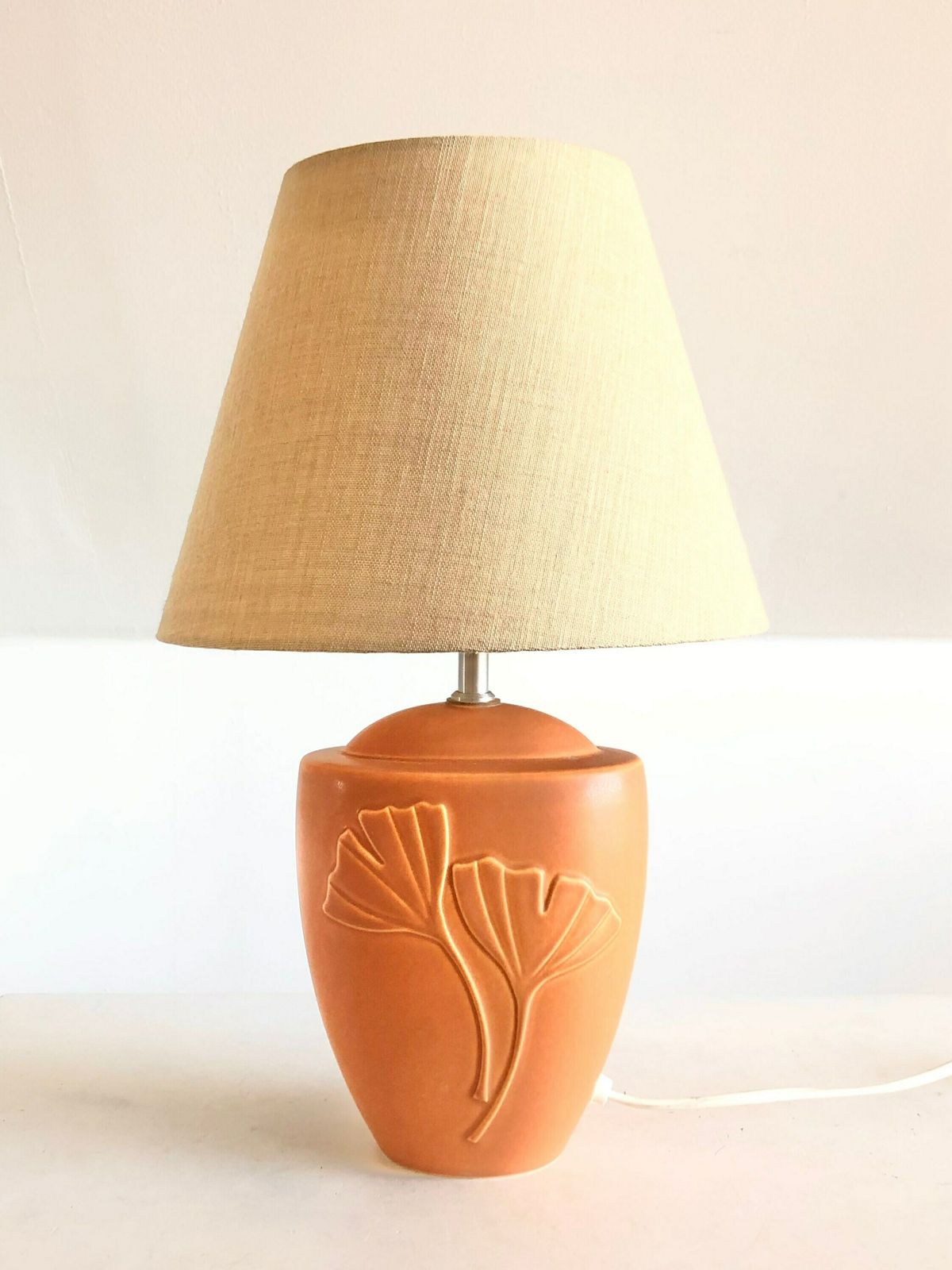 Danish Original Mid Century Modern Ceramic Table Lamp With Pale Orange Glaze And Gorgeous Leaf Relief   Design By Søholm, Bornholm Denmark photo for sale
