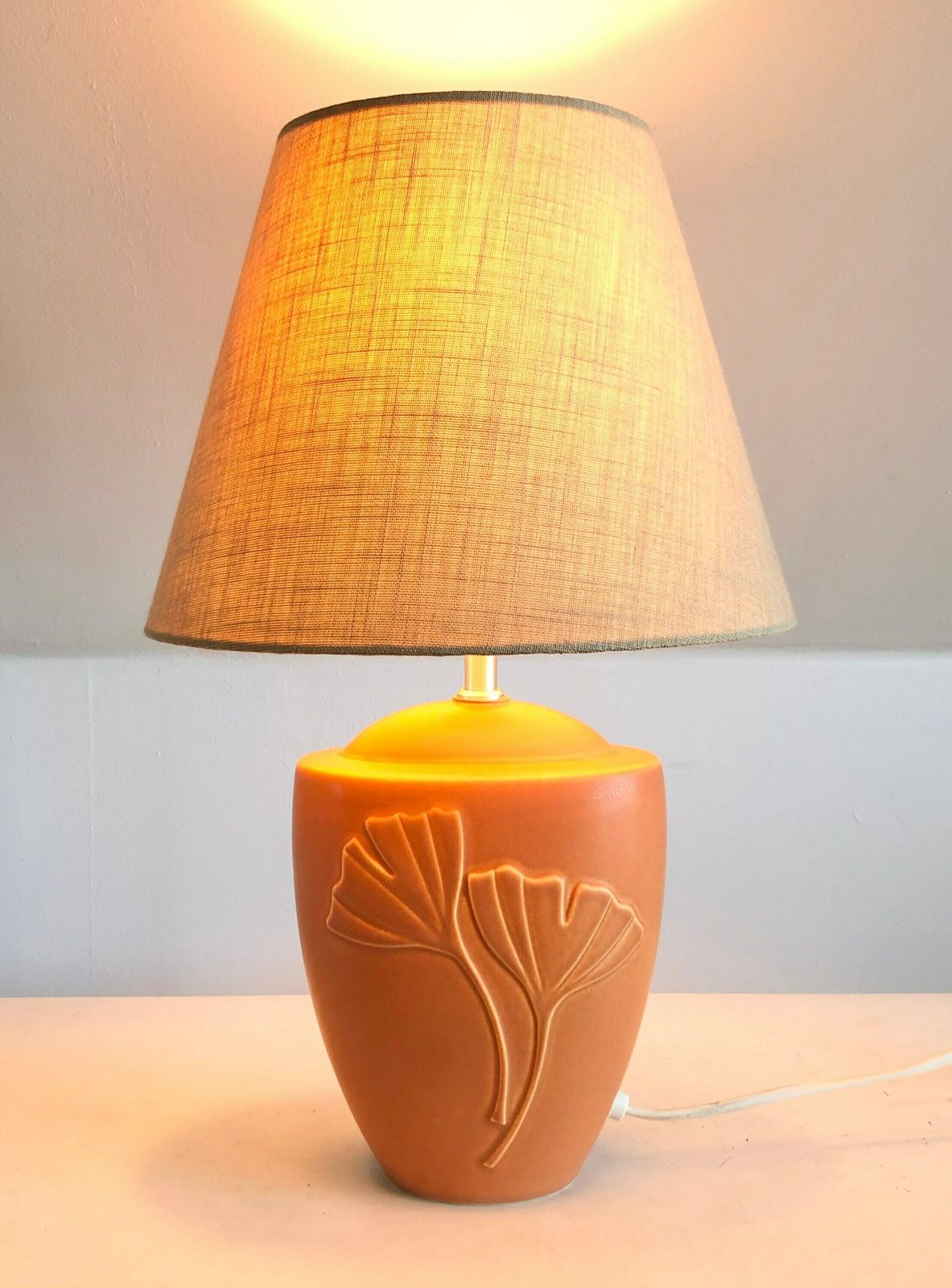 Danish Original Mid Century Modern Ceramic Table Lamp With Pale Orange Glaze And Gorgeous Leaf Relief   Design By Søholm, Bornholm Denmark photo Lighting