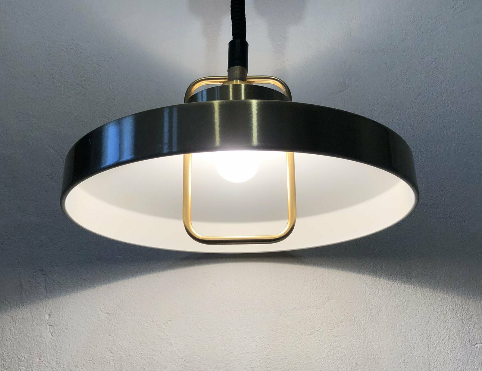 Danish Mid Century Modern Ceiling Lamp In Gold Colored Aluminium With Hanger And Great Look photo vinterior