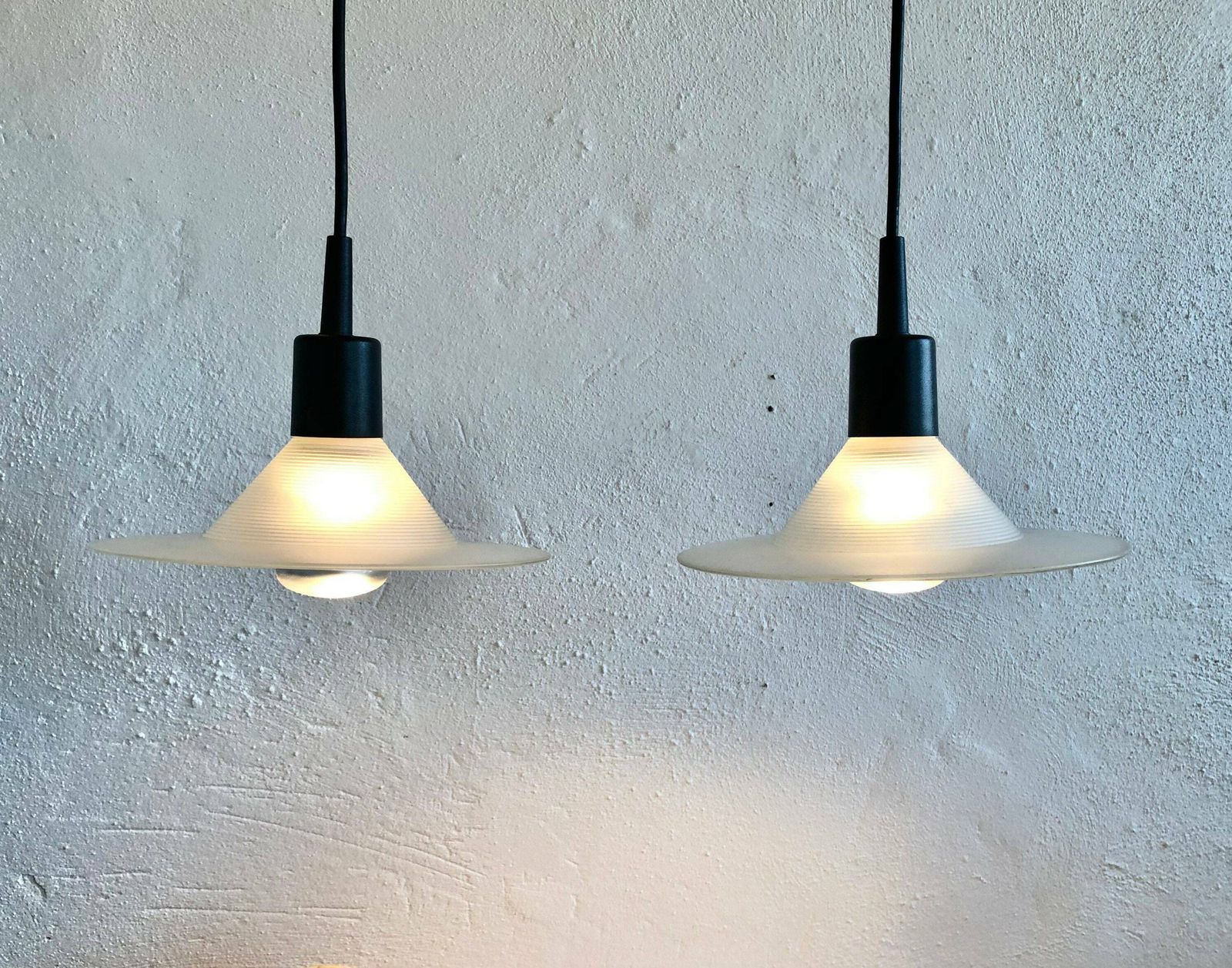 Pair Of Danish Postmodern Minimalist Ceiling Lamps In Frosted Glass With Grooved Pattern   Design From Odreco