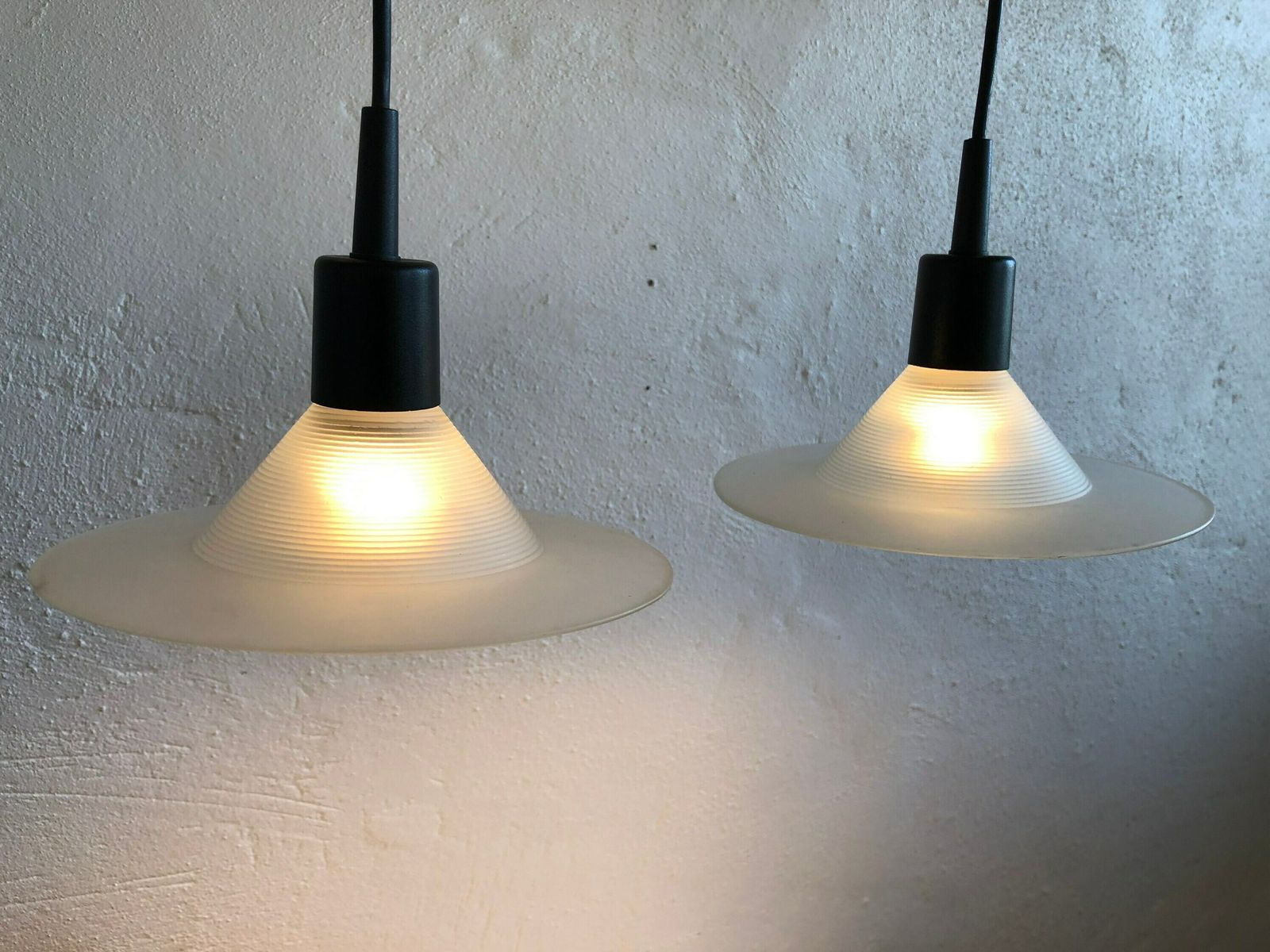 Pair Of Danish Postmodern Minimalist Ceiling Lamps In Frosted Glass With Grooved Pattern   Design From Odreco photo for sale