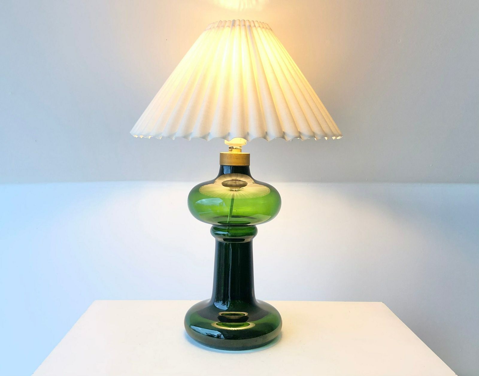 Exclusive “Granny” Green Mid Century Modern Danish Vintage Art Glass Table Lamp   Design By Michael Bang For Holmegaard In 1975