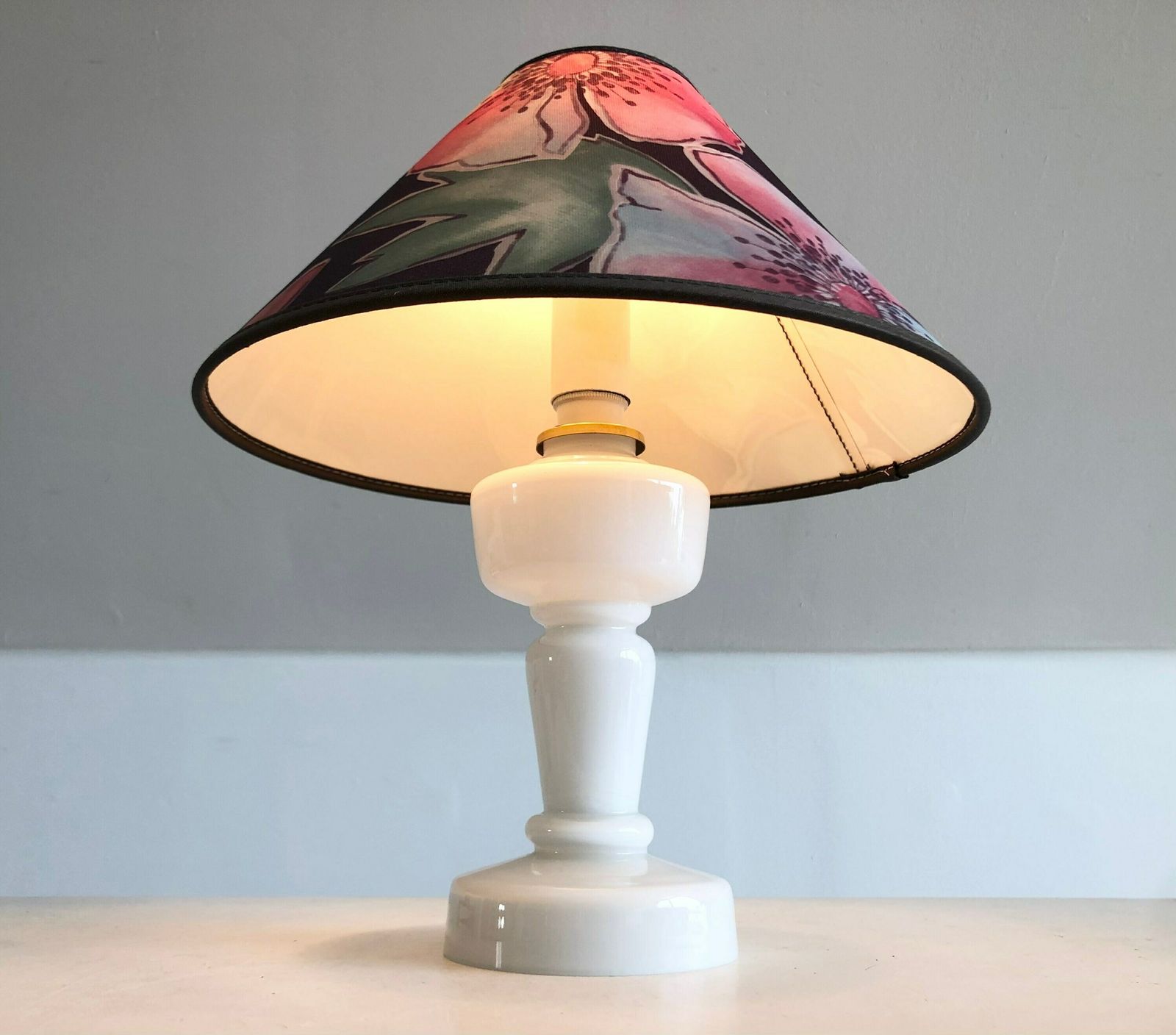 Danish Mid Century Table Lamp With Odreco Design Opal Glass Base And Beautiful Flower Decorated Vintage Fabric Shade photo furniture