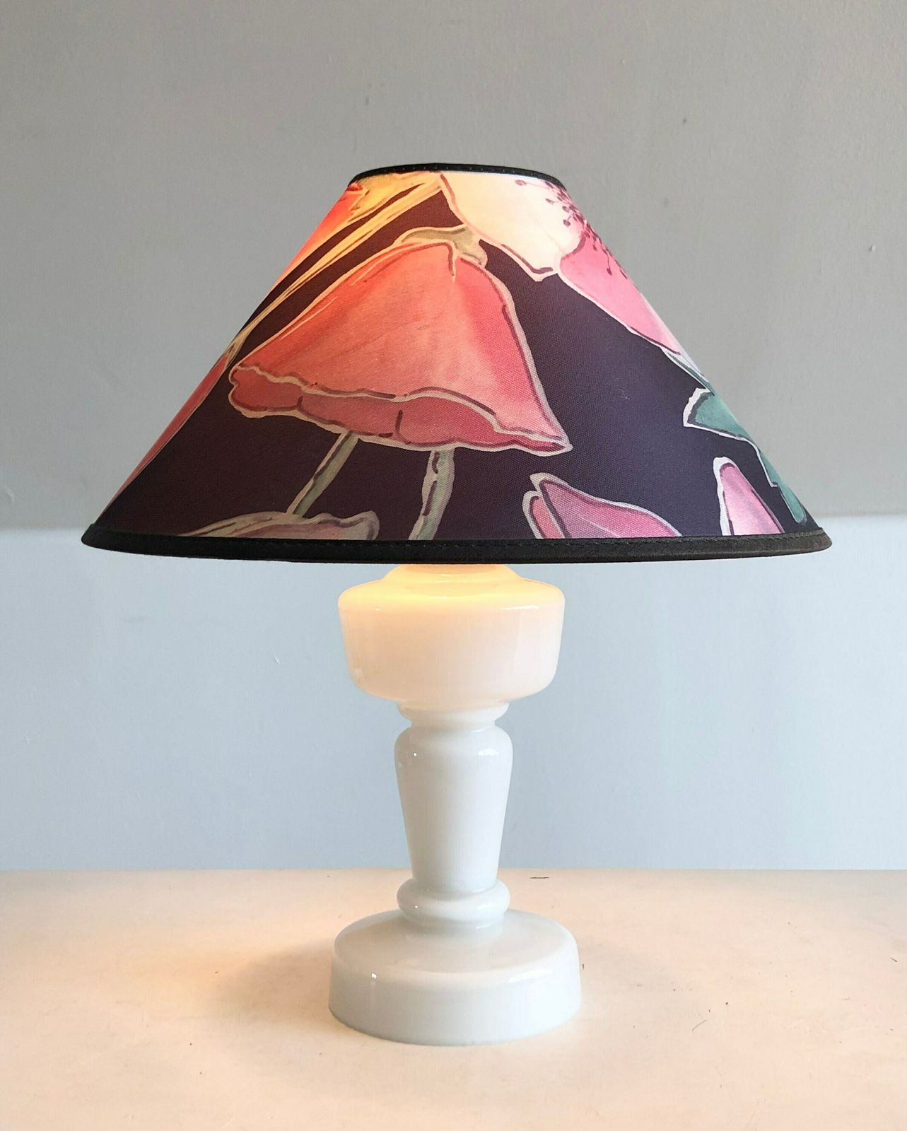 Danish Mid Century Table Lamp With Odreco Design Opal Glass Base And Beautiful Flower Decorated Vintage Fabric Shade photo vinterior