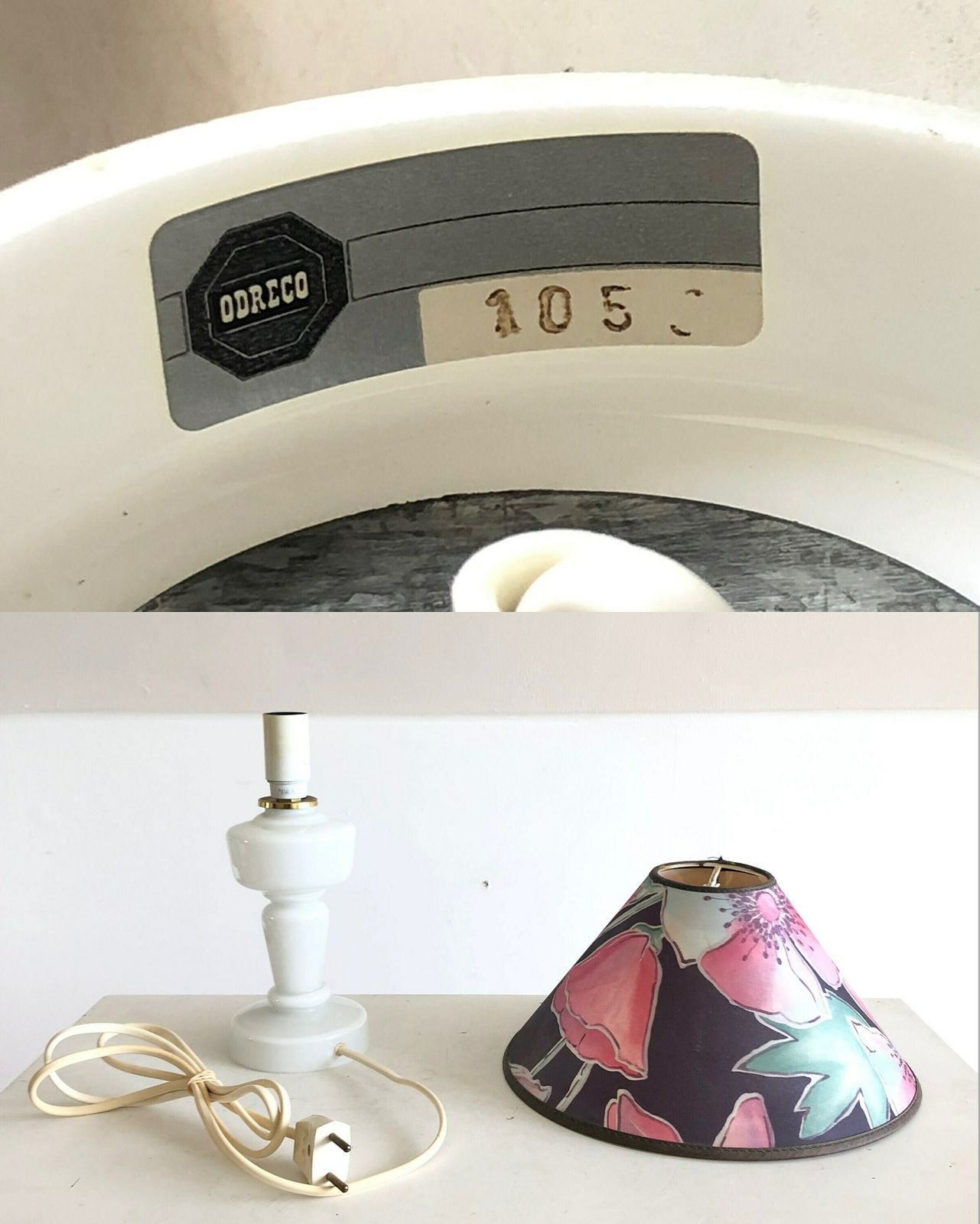 photo furniture Danish Mid Century Table Lamp With Odreco Design Opal Glass Base And Beautiful Flower Decorated Vintage Fabric Shade