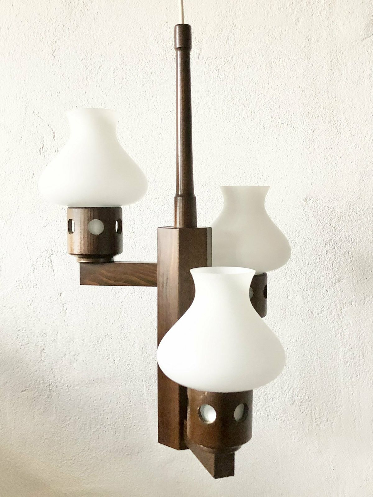 Mid Century Modern Three Armed Design Ceiling Lamp In Dark Toned Wood With Vintage White Glass Torch Shaped Shades photo furniture