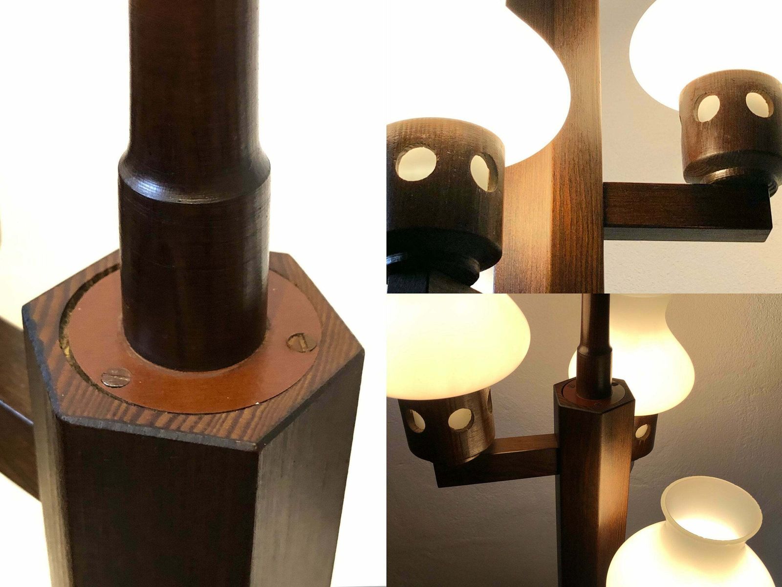 Mid Century Modern Three Armed Design Ceiling Lamp In Dark Toned Wood With Vintage White Glass Torch Shaped Shades photo 258.0