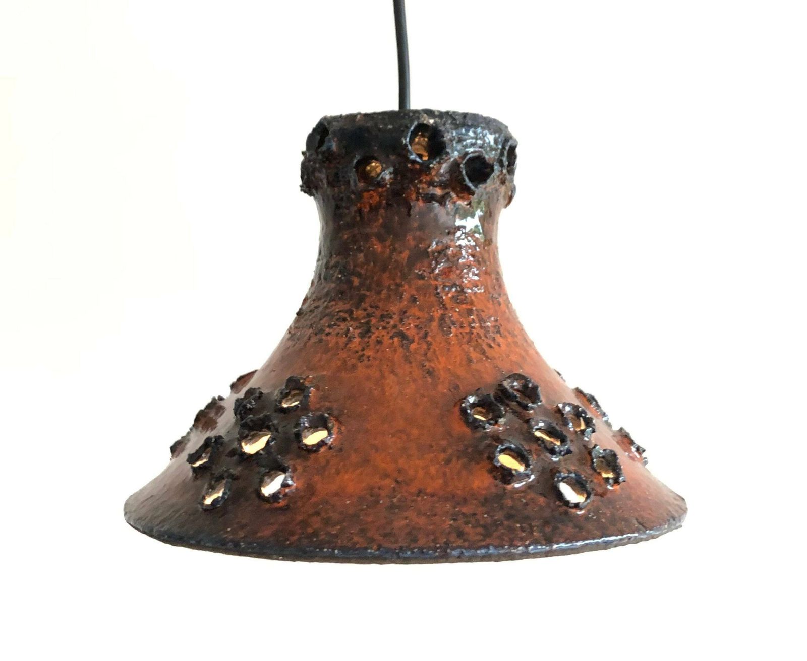 Mid Century Modern Danish Design Stone Ware Ceramic Ceiling Lamp With Dark Orange Brown Glaze And Floral Perforated Pattern