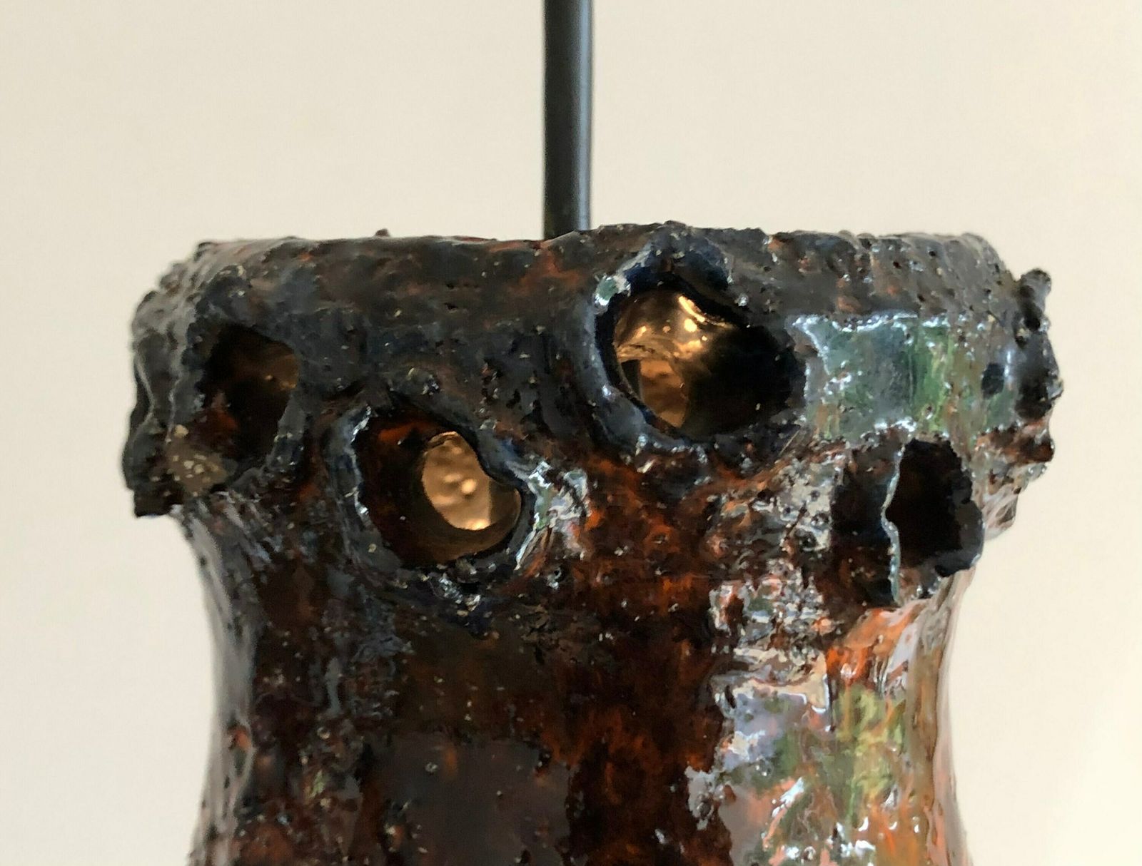 Mid Century Modern Danish Design Stone Ware Ceramic Ceiling Lamp With Dark Orange Brown Glaze And Floral Perforated Pattern photo vinterior