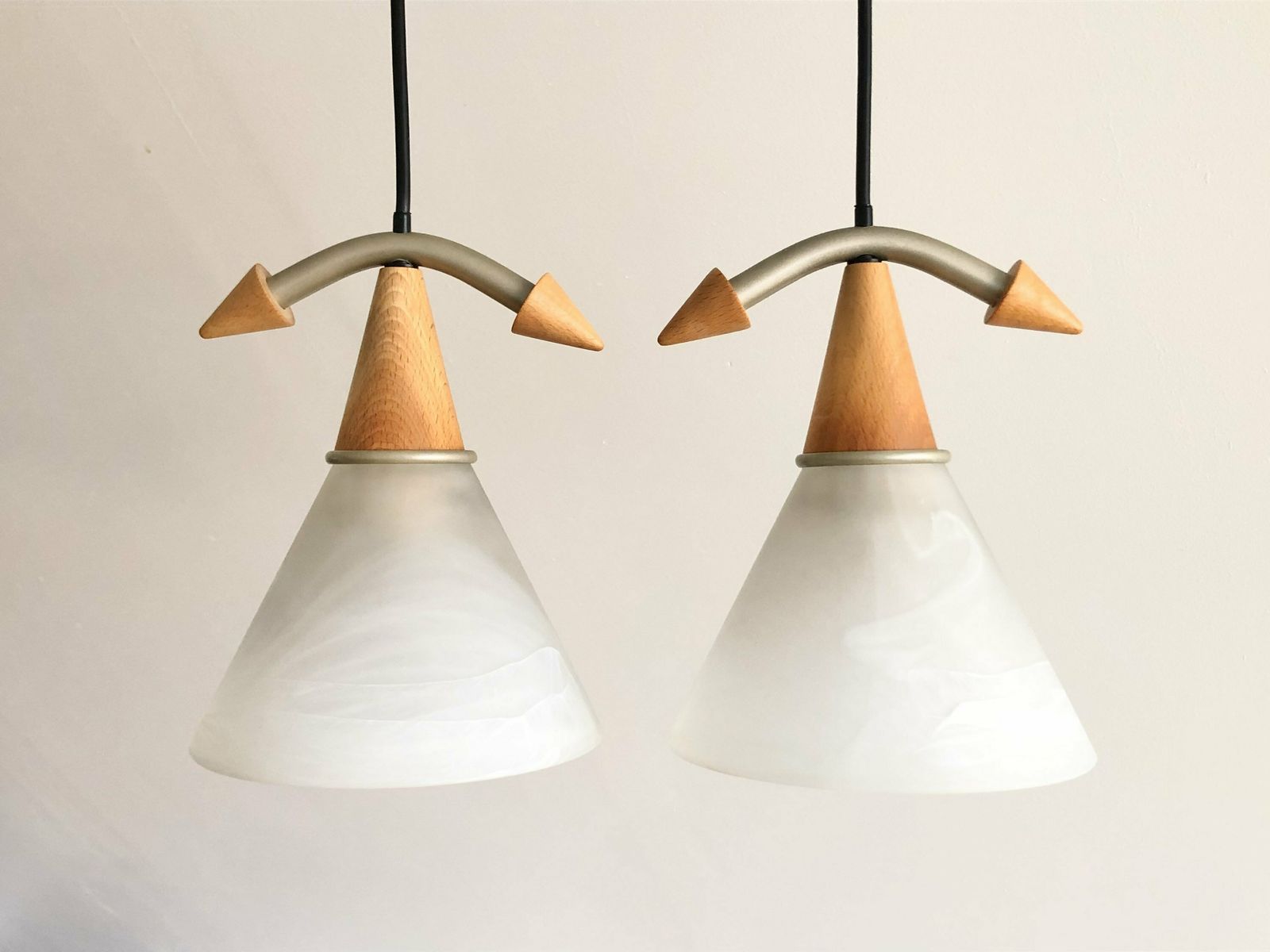 Pair Of Minimalist Vintage Design Ceiling Lamps From Belgium With Shades In White Frosted Glass With Beautiful Pattern And Wood Details photo Lighting