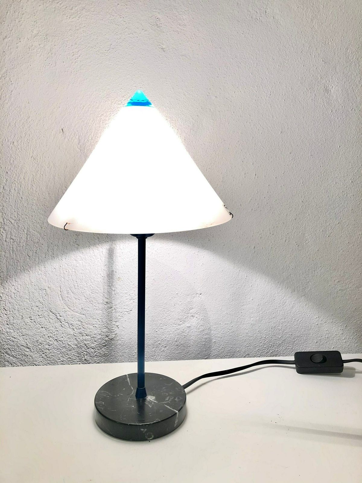 Vintage Italian Postmodern Table Lamp With Marble Base And White And Blue Glass Shade   Design From Victoria