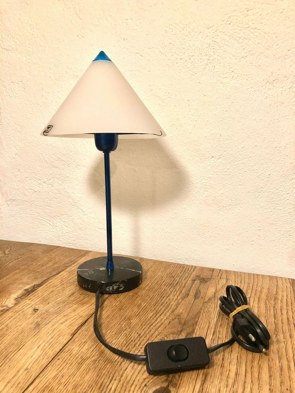 Vintage Italian Postmodern Table Lamp With Marble Base And White And Blue Glass Shade   Design From Victoria photo for sale