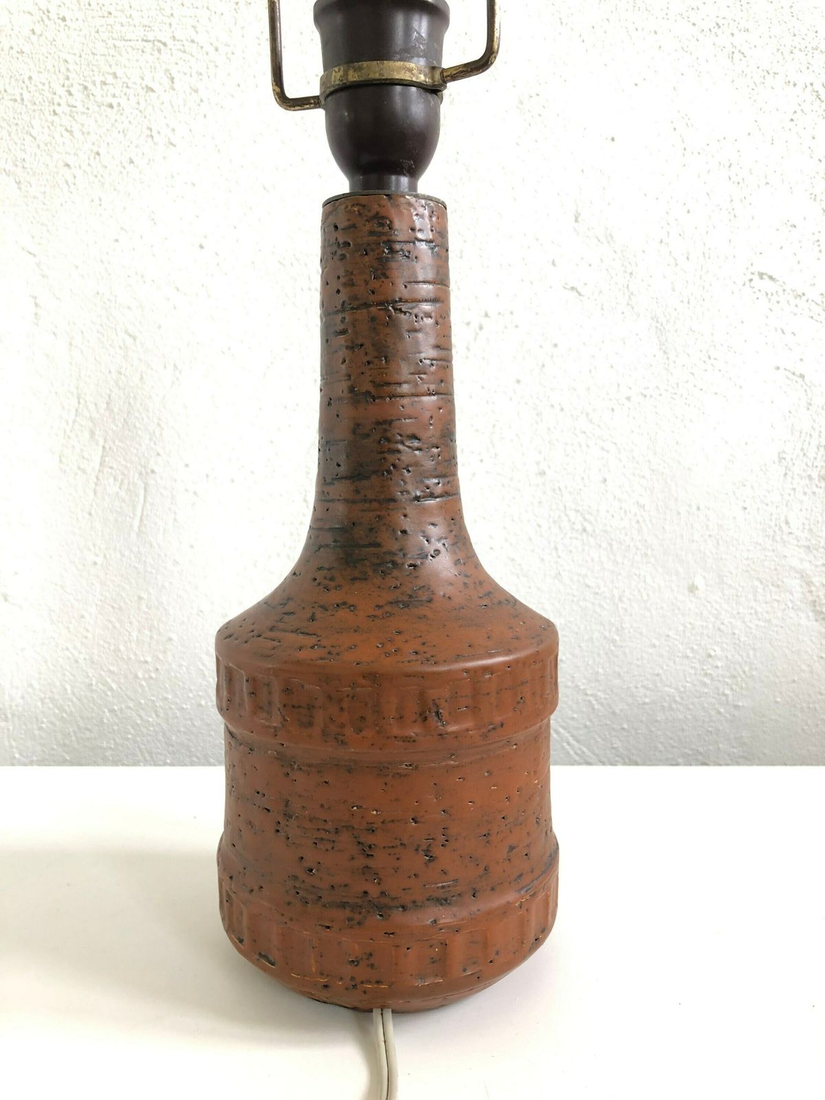 Ceramic Modernist Table Lamp In Brown Glaze And Modernist Mid Century Design With Beige Pleated Shade   Marked “Destiny” And “Anf” photo buy