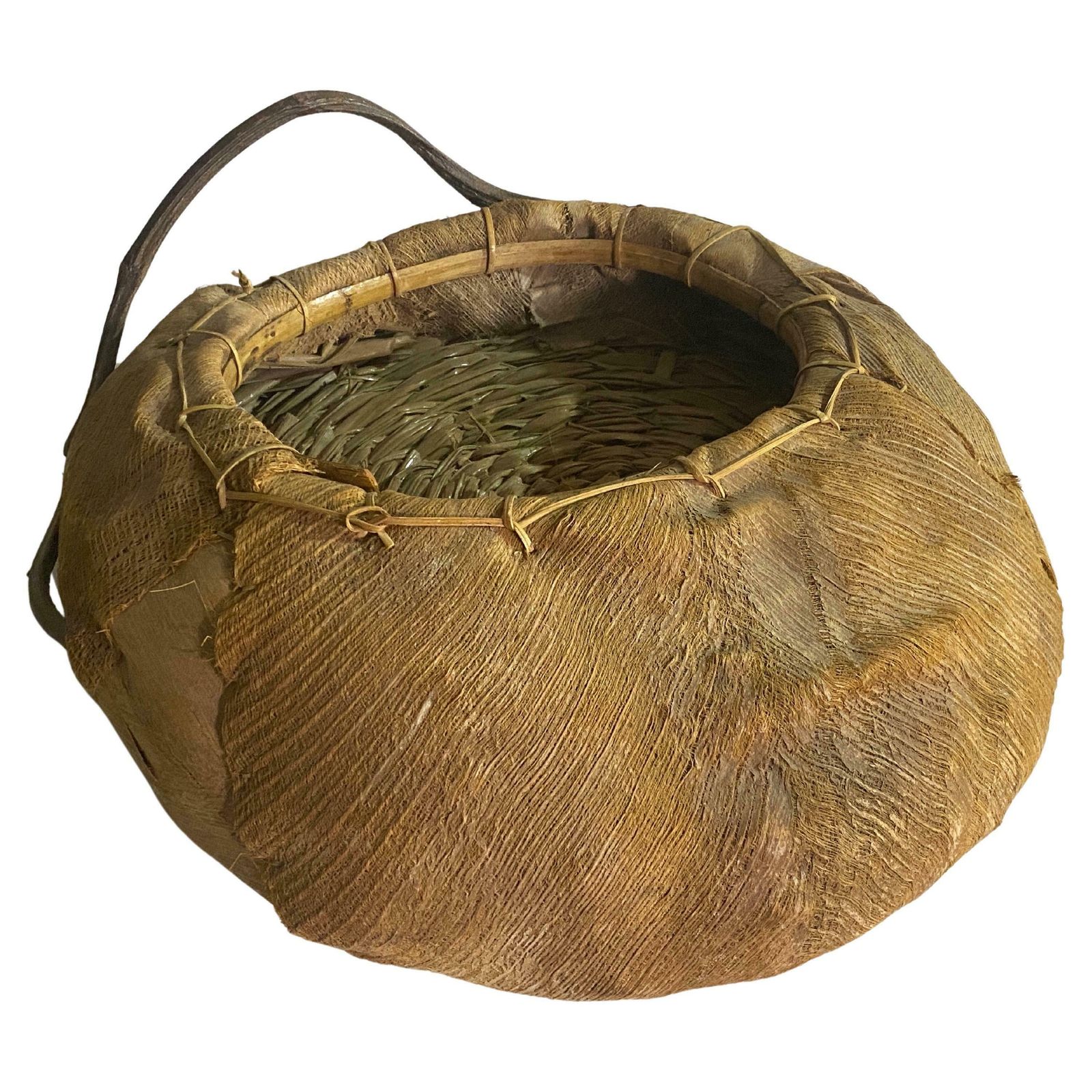Rattan And Wood Italian Large Basket Bowl Centerpiece, 1970s