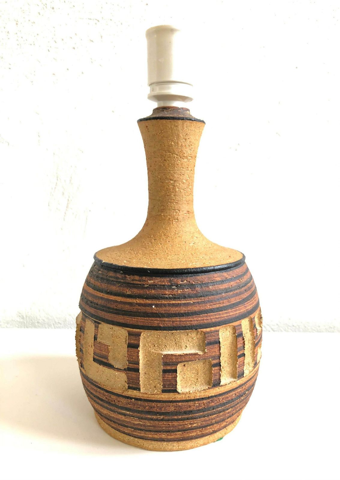 Danish Stoneware Mid Century Table Lamp In Raw Clay, Carved Pattern And Brown Colors With A Pleated Linen Shade   Design From Axella photo Lighting