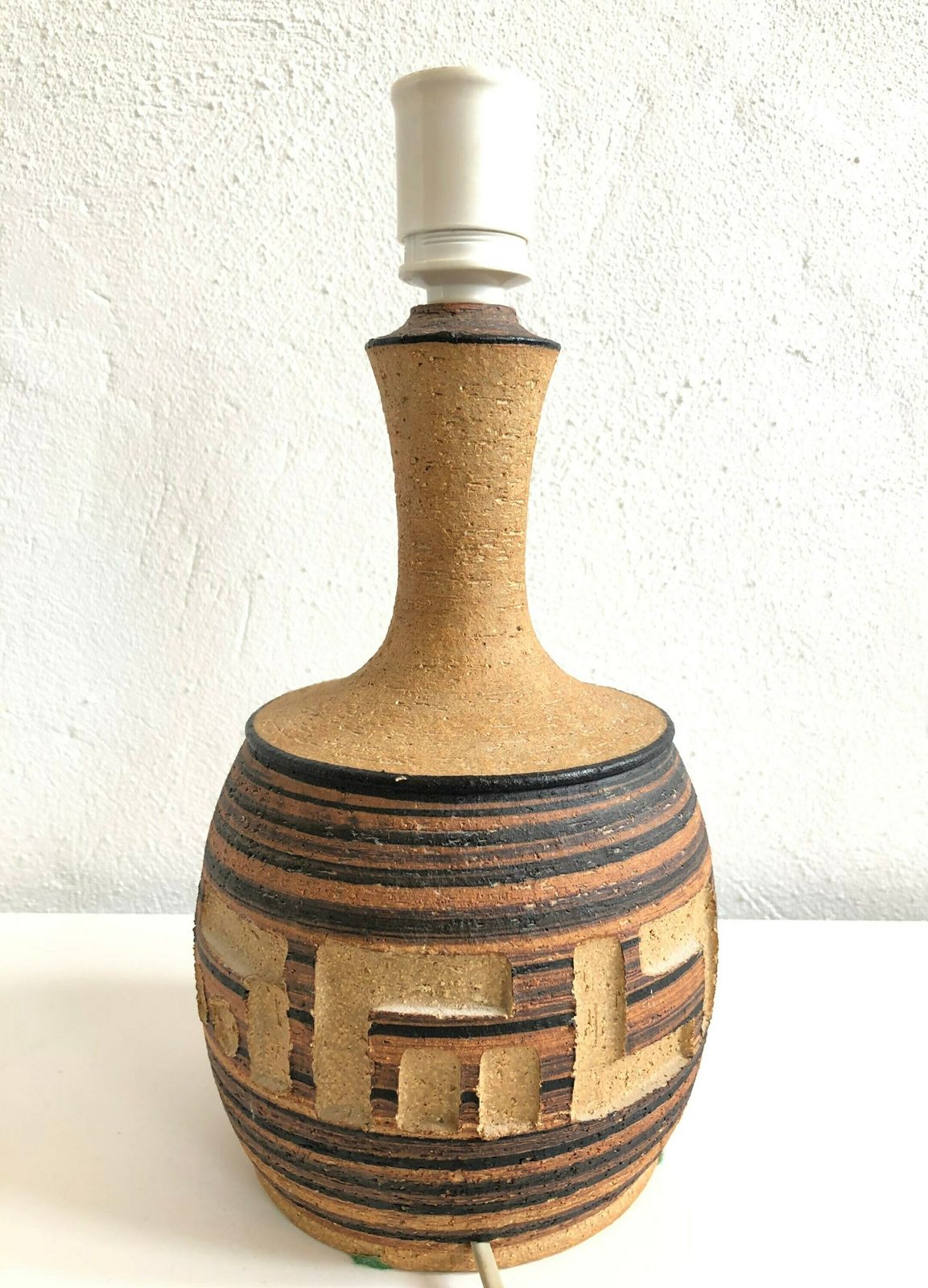 Danish Stoneware Mid Century Table Lamp In Raw Clay, Carved Pattern And Brown Colors With A Pleated Linen Shade   Design From Axella photo 234.0