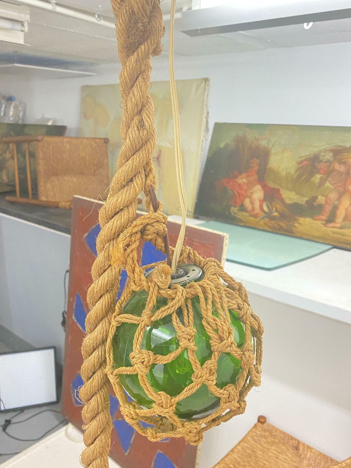 Audoux Minet Attributed Rope Ceilling Light 2 Green Glass Balls France, 1950 photo 1278.0