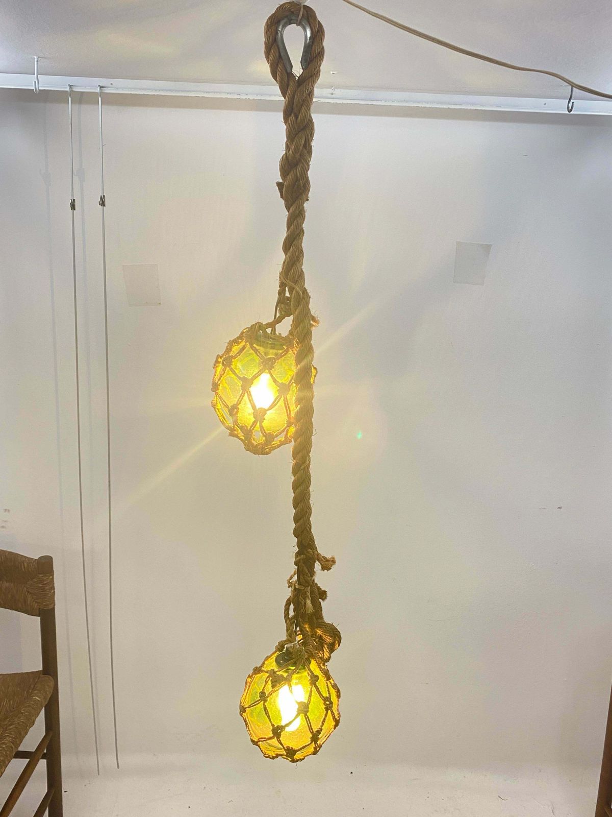 Audoux Minet Attributed Rope Ceilling Light 2 Green Glass Balls France, 1950 photo vinterior