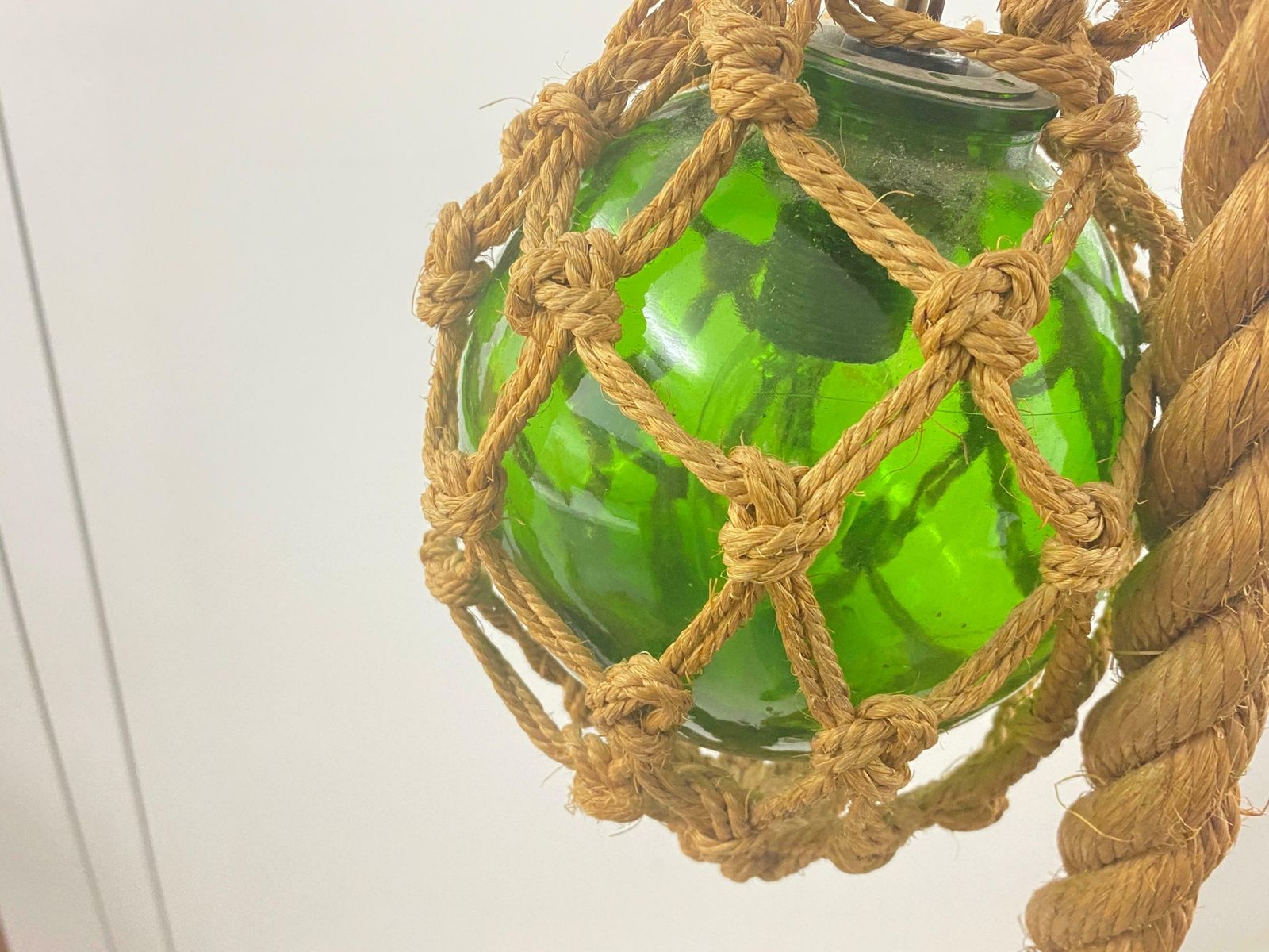 1278.0 Audoux Minet Attributed Rope Ceilling Light 2 Green Glass Balls France, 1950 photo