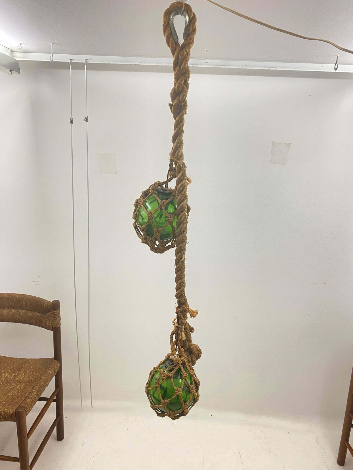 photo vinterior Audoux Minet Attributed Rope Ceilling Light 2 Green Glass Balls France, 1950