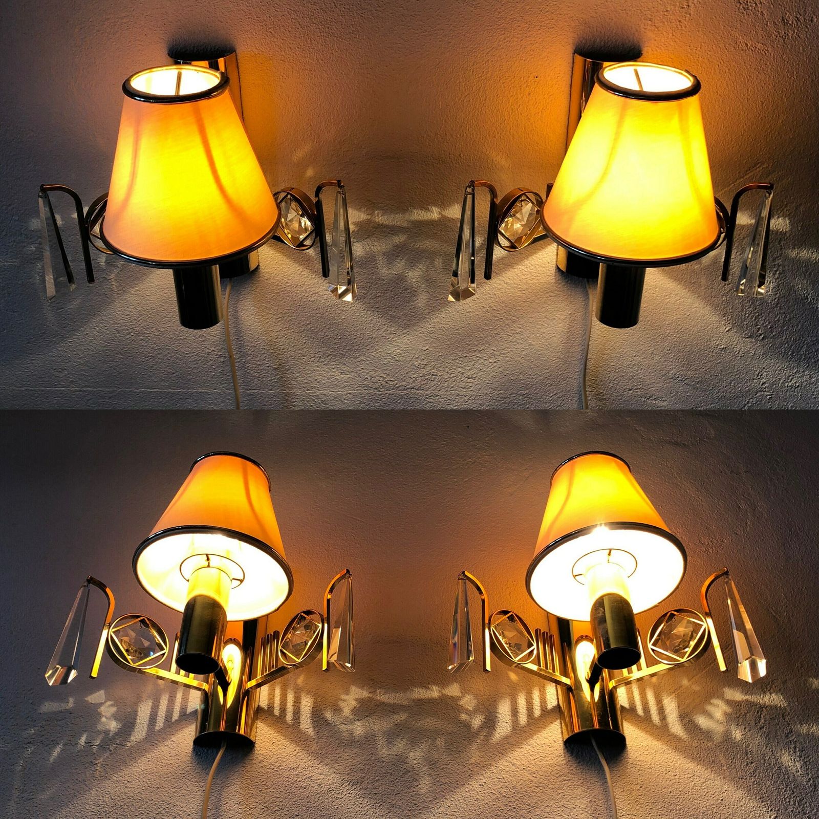 Pair Of Golden Elegant Danish Mid Century Wall Lamps In Modernist Design With Crystal Details And Cute Shades   Design By M.P.R., Denmark photo 245.0