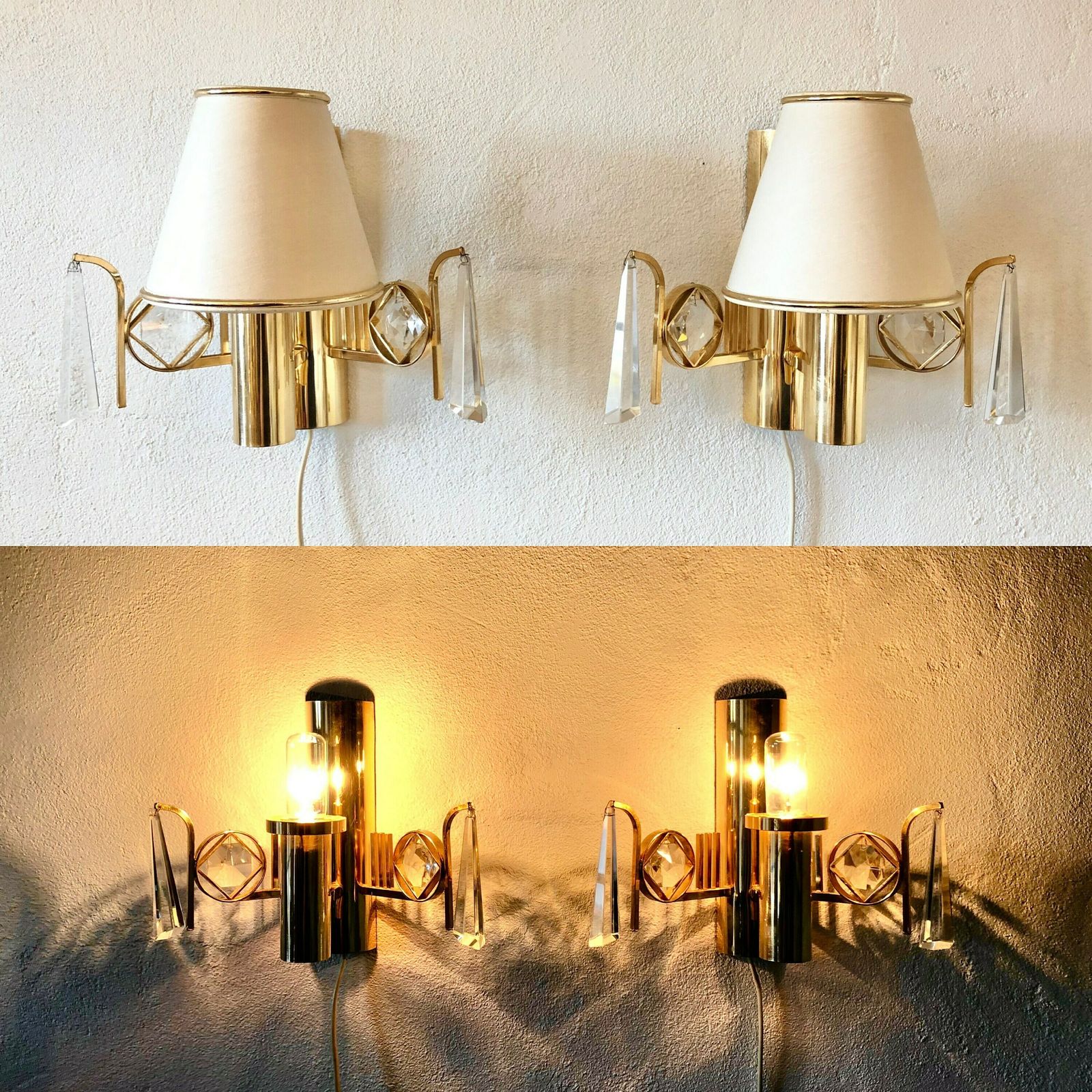 Pair Of Golden Elegant Danish Mid Century Wall Lamps In Modernist Design With Crystal Details And Cute Shades   Design By M.P.R., Denmark photo vinterior