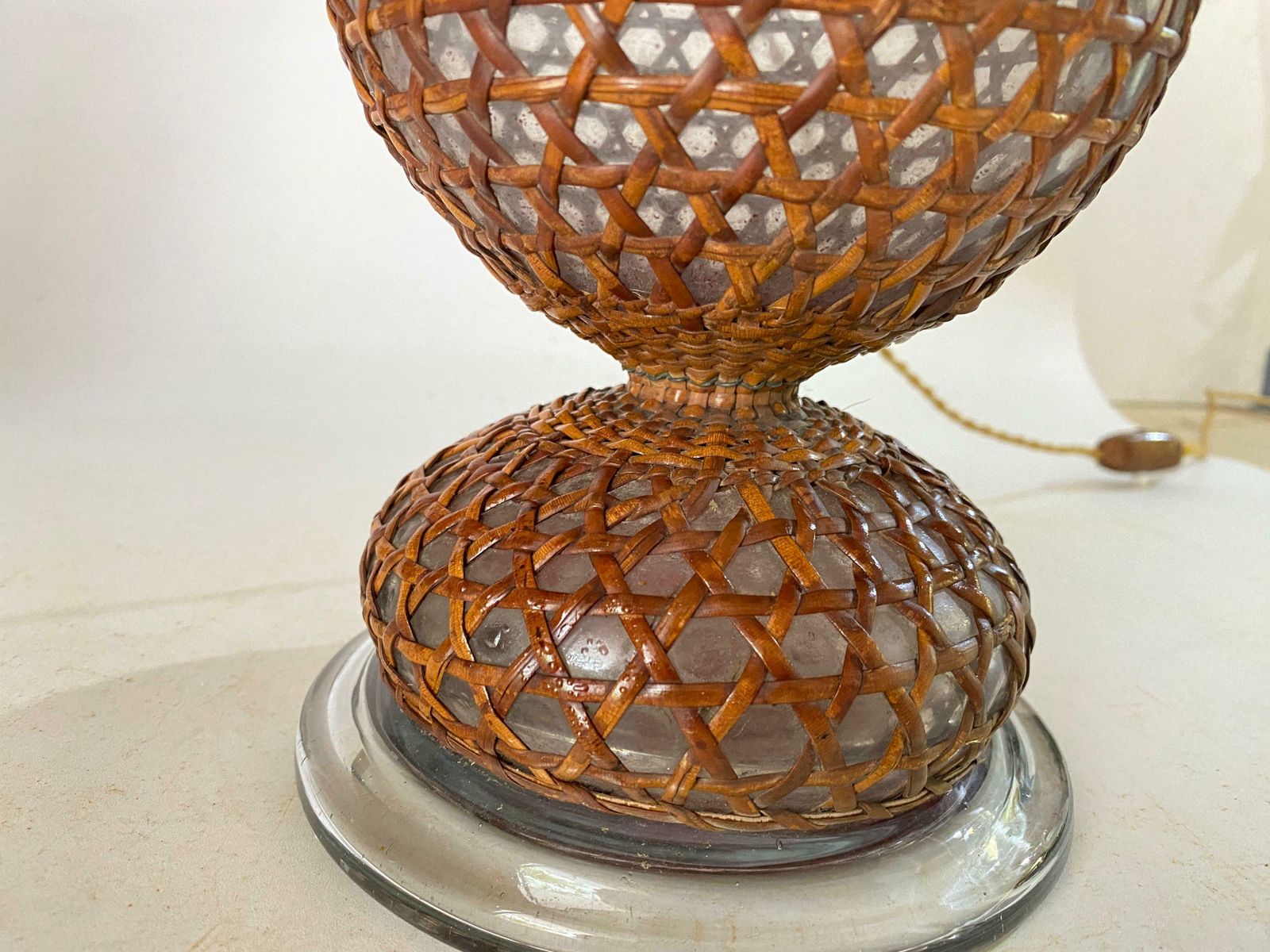 Glass And Rattan Table Lamp, Made In England, Brown Color, Circa 1970 photo Lighting