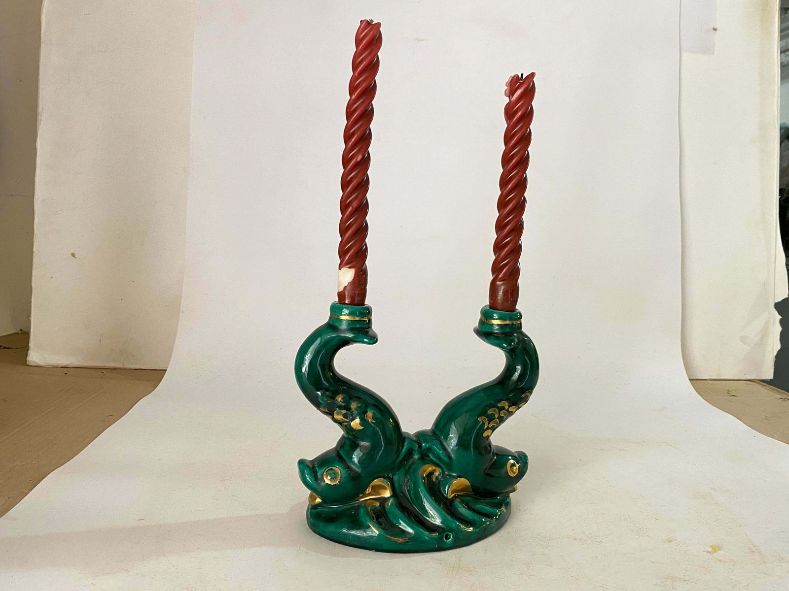 French Of Candle Holder Ceramic France 1970s With Red Old Candles photo vintage