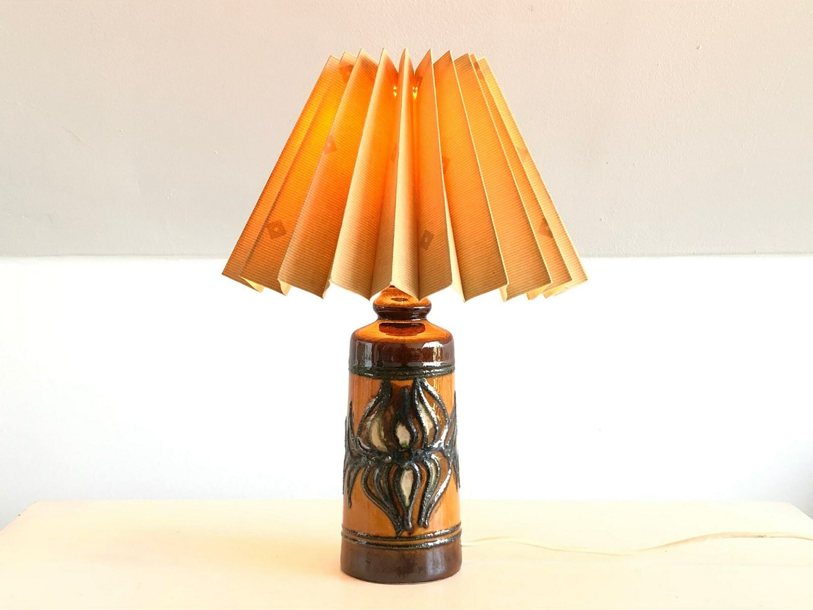 Danish Mid Century Ceramic Table Lamp With Black, Green, Beige And Brown Nuanced Glaze Decoration In Modernist Artistic Design