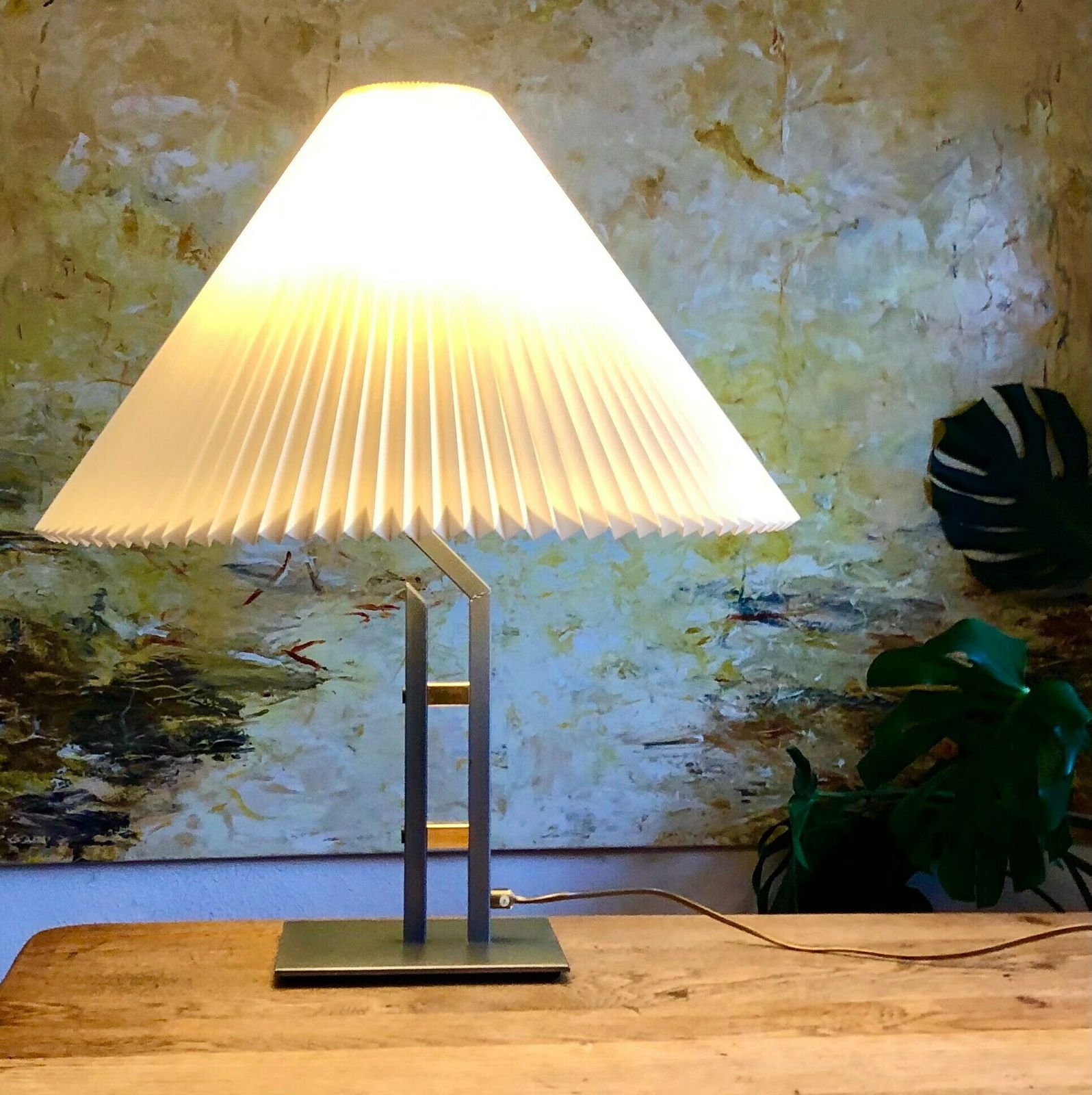 Danish Design Postmodern Table Lamp In Grey And Gold Metal With Large Le Klint Pleated Shade photo Lighting