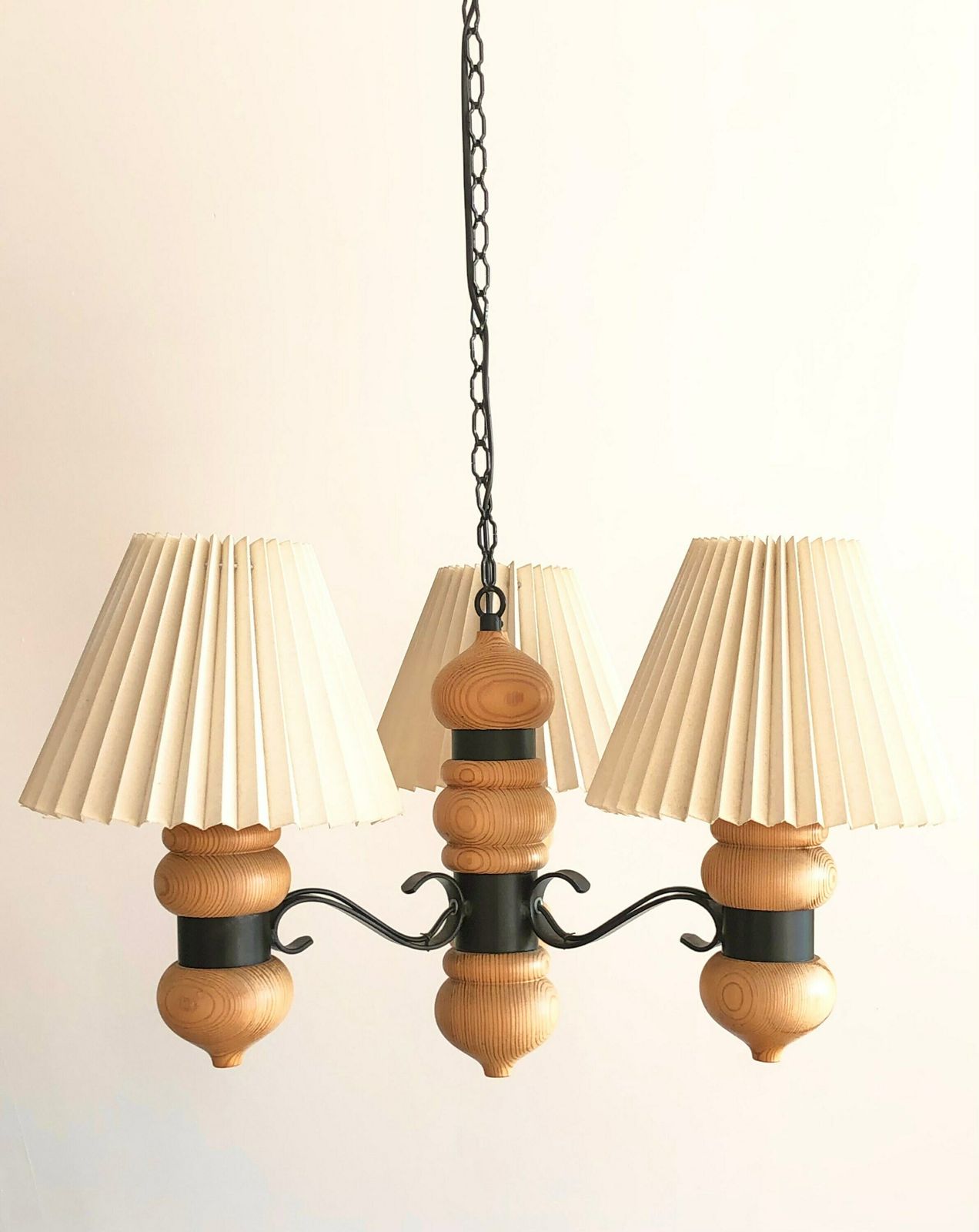 Gorgeous And Cozy Danish Mid Century Vintage Pine Wood Three Armed Ceiling Lamp With Black Metal Details And White Pleated Fabric Shades photo 295.0