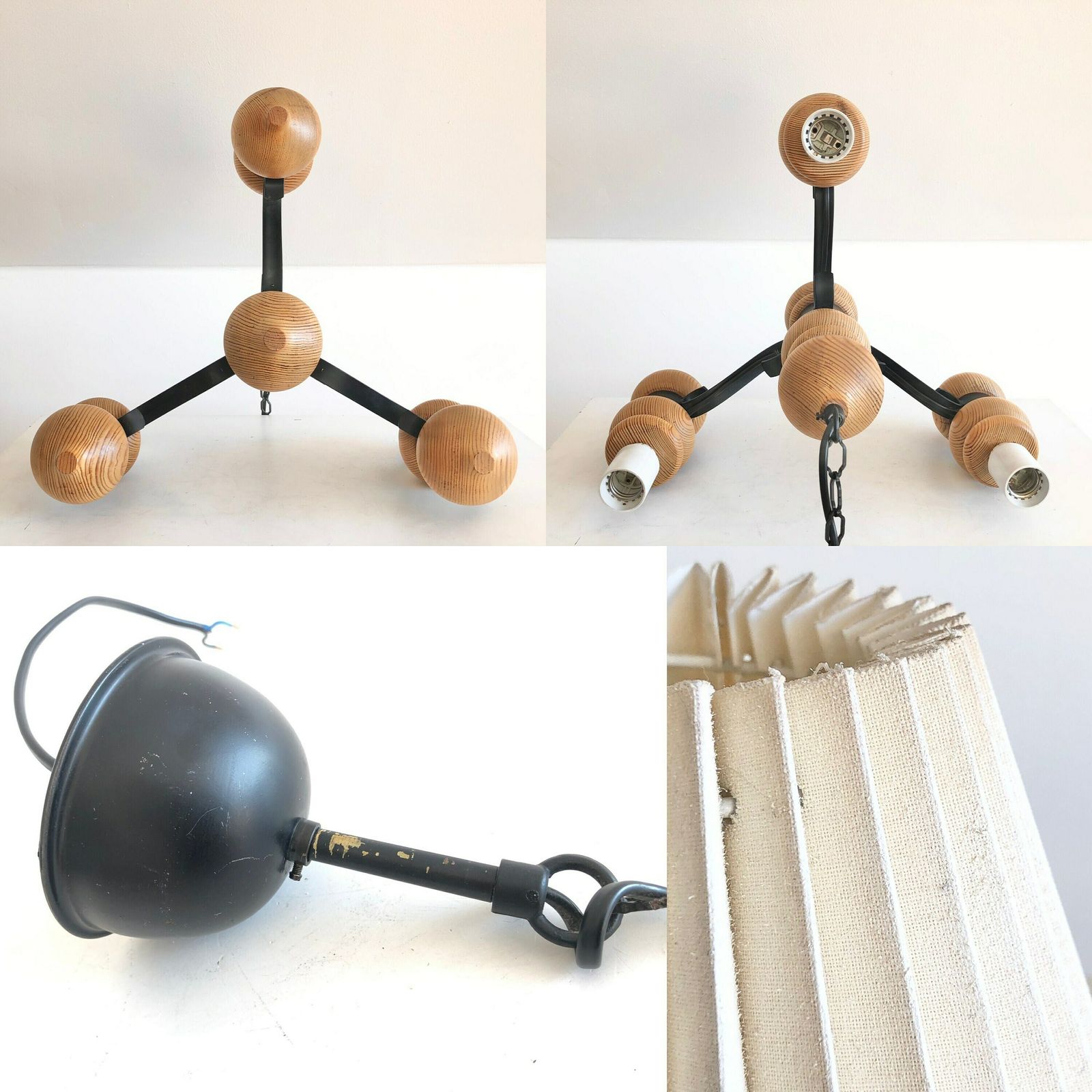 photo for sale Gorgeous And Cozy Danish Mid Century Vintage Pine Wood Three Armed Ceiling Lamp With Black Metal Details And White Pleated Fabric Shades