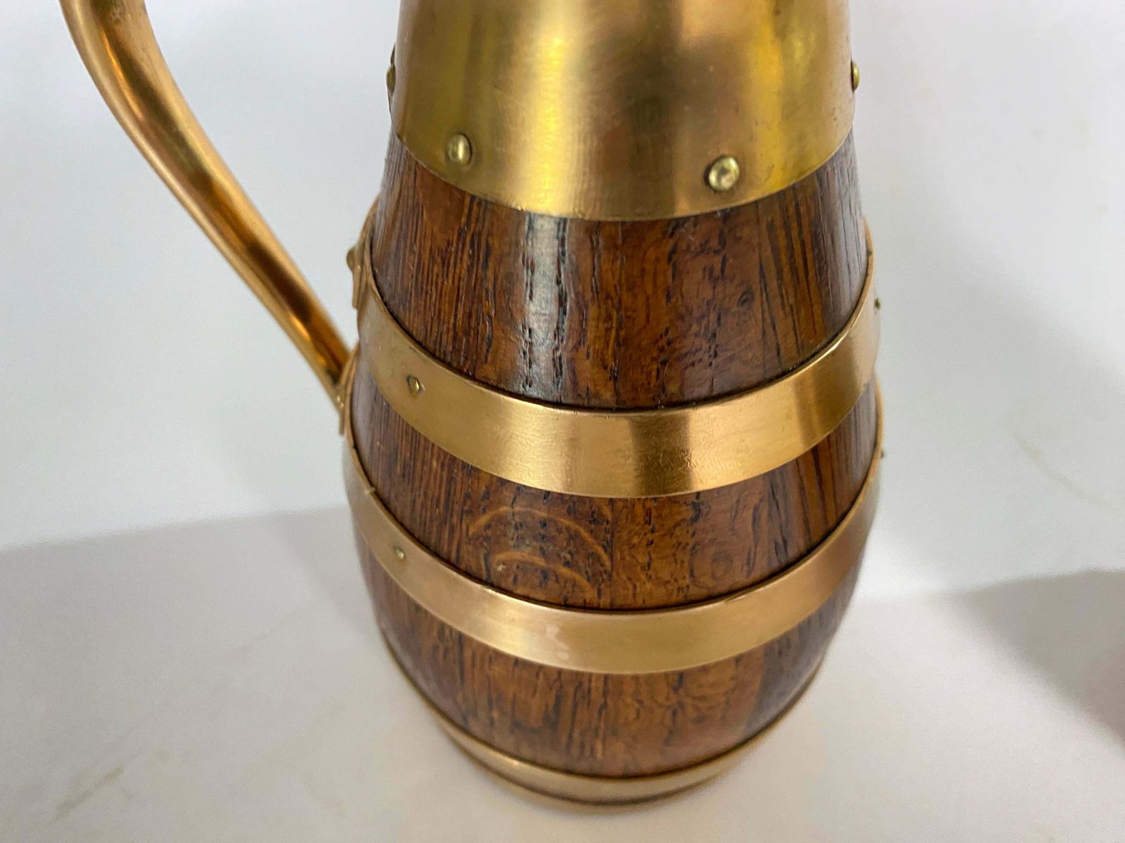 Home Decor Gerard Lafitte Oak And Brass Barrel Form Pitcher Wooden Jug France 1933 Set Of 3 photo