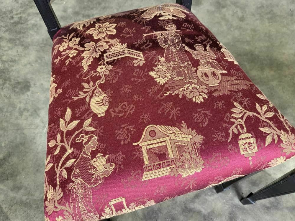 Antique Edwardian 3 Black Gold Carved Open Chairs Red Silk Fabric Tapered Legs photo for sale