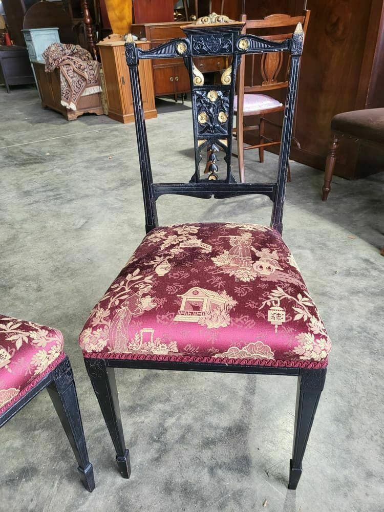 Antique Edwardian 3 Black Gold Carved Open Chairs Red Silk Fabric Tapered Legs photo 225.0