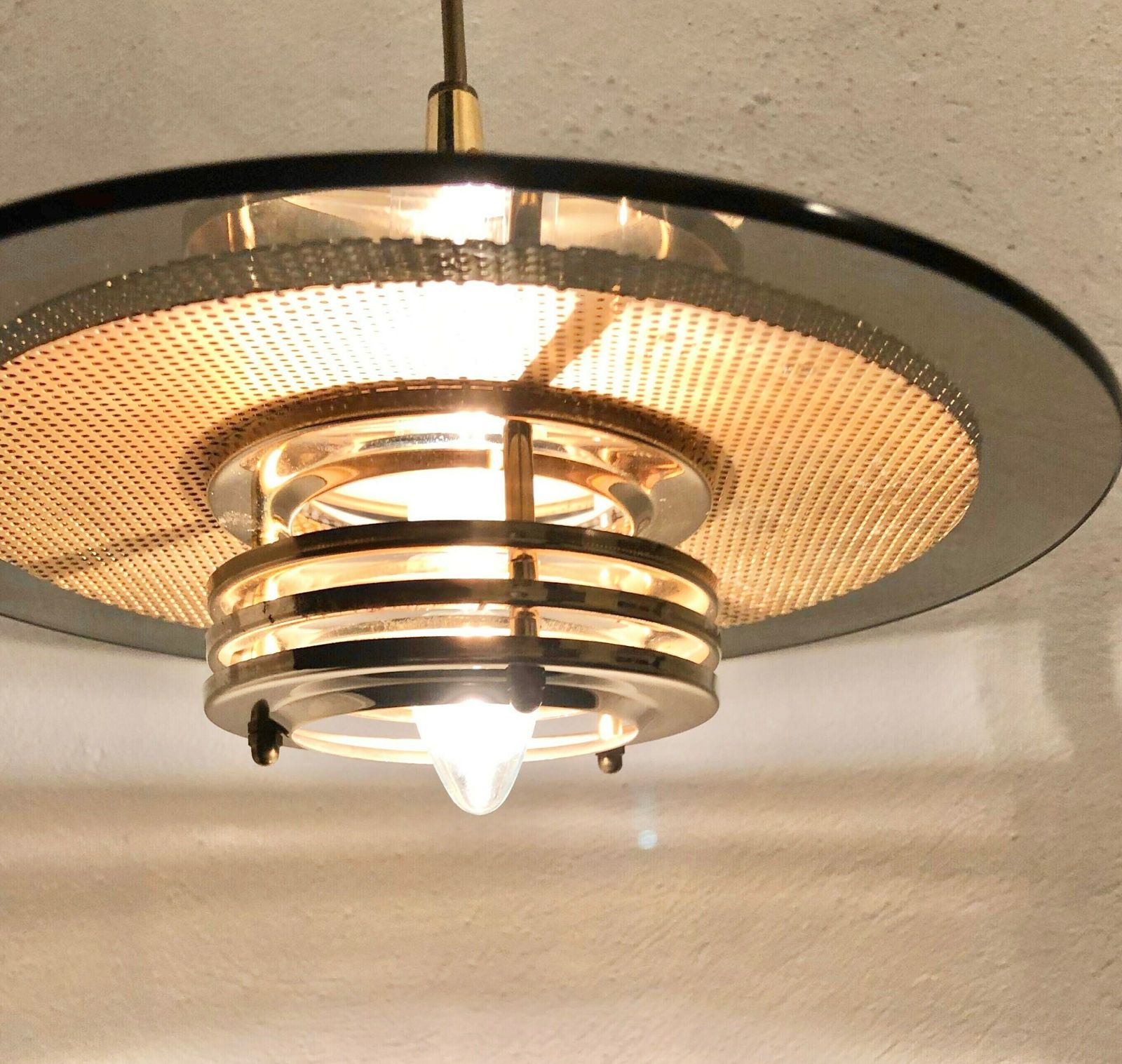 Swedish Modernist Multilayer Ceiling Lamp In Glass And Gold Colored Perforated Metal   Design By Jan Eskil Eskildsson For Belid photo 221.0