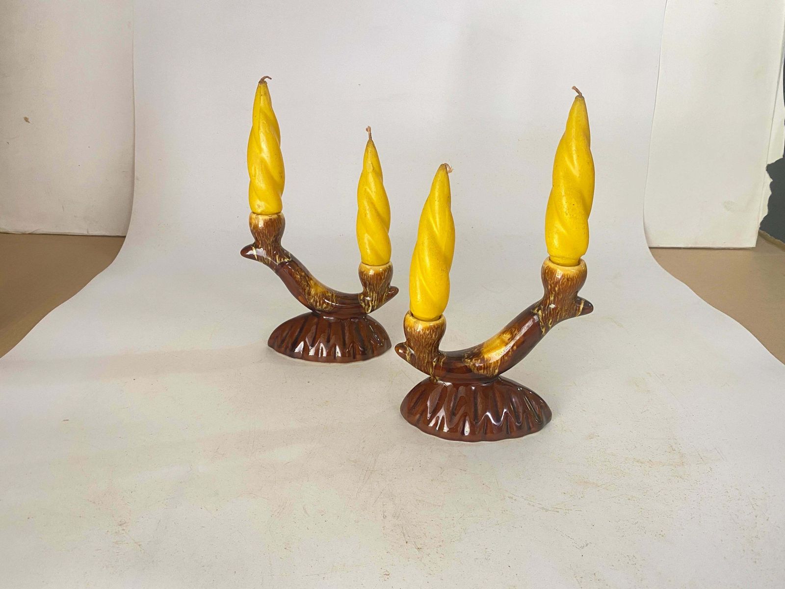 French Pair Pair Of Candle Holder Ceramic France 1970s With Yellow Old Candles photo for sale