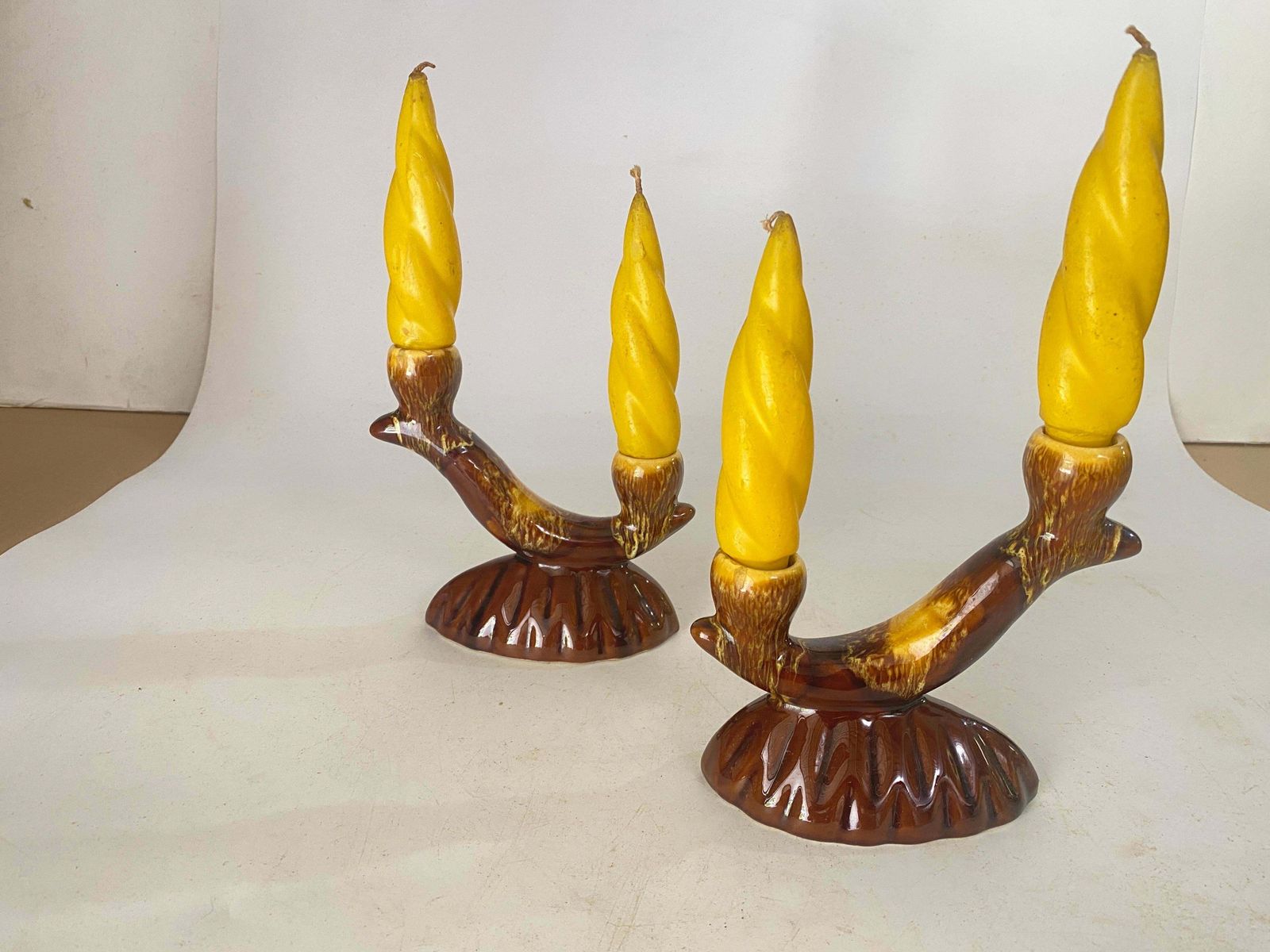French Pair Pair Of Candle Holder Ceramic France 1970s With Yellow Old Candles photo buy