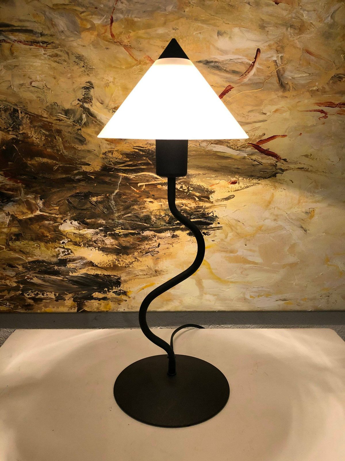 Danish Postmodern Table Lamp In Organic Shaped Swaying Metal Base And Pointy Glass Shade   Design From E.S. Horn photo for sale