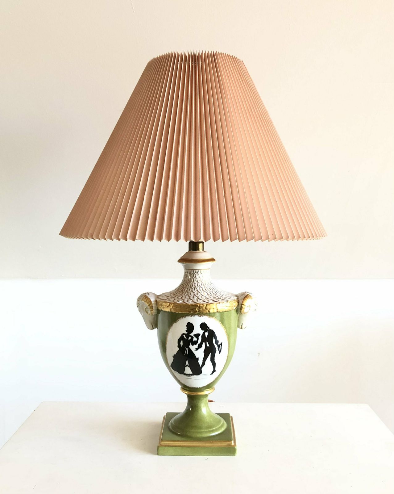 Mid Century Beautiful German Porcelain Handpainted Table Lamp In Gold And Green With Ram Heads   Design By Alka Kunst Bavaria photo for sale