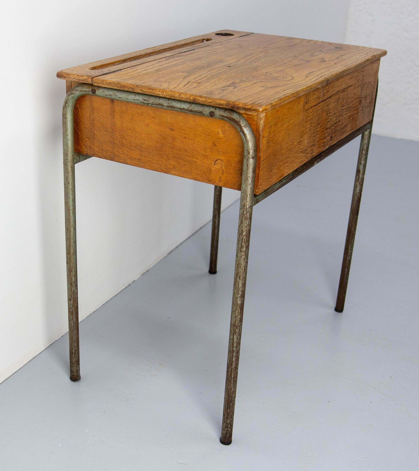 Student Oak & Iron Writing Table Slant Top Desk France, Mid 20th C photo 790.0